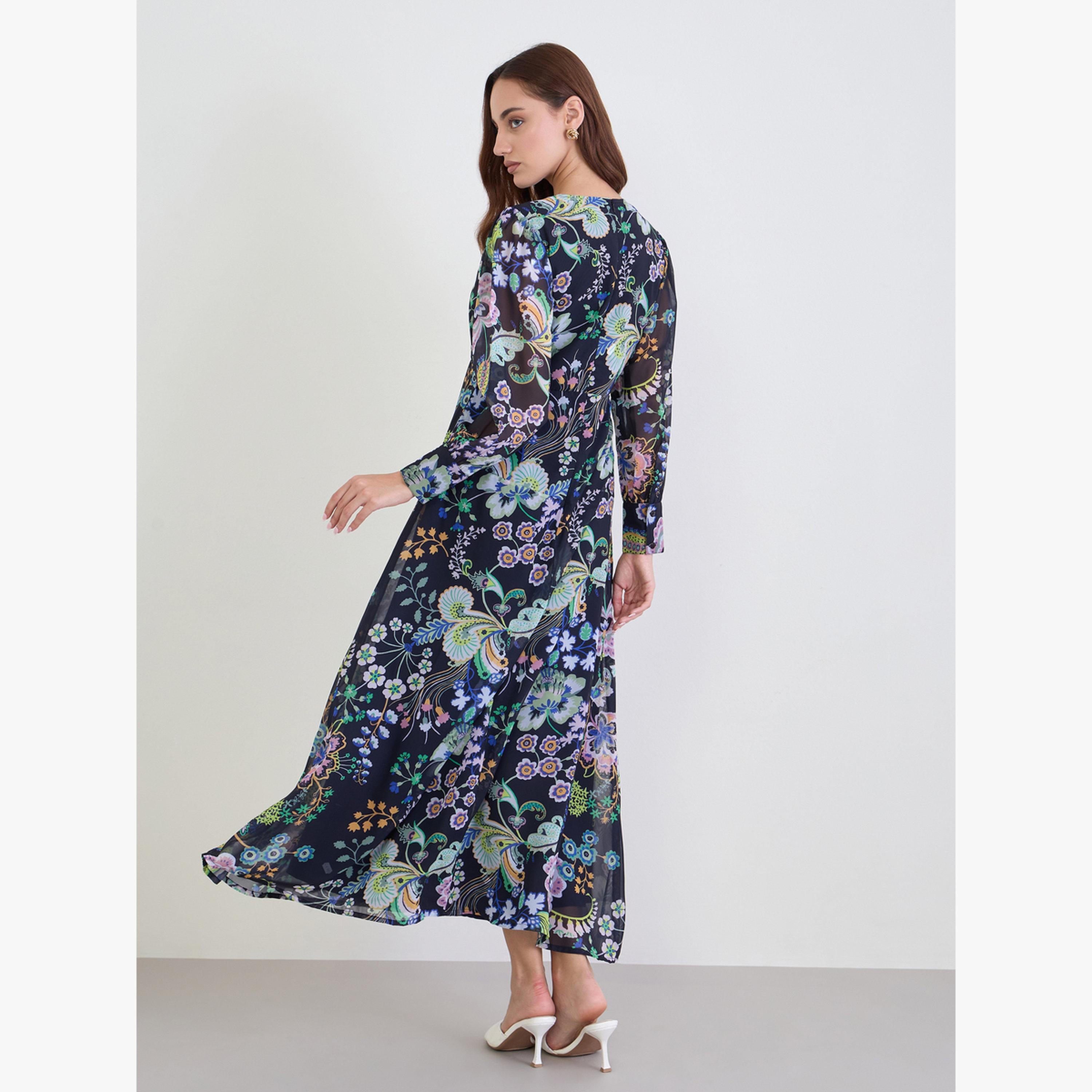 فستان طويل مطبع بزهور ومزين بكسرات مطوية-women-clothing-dresses-image-3