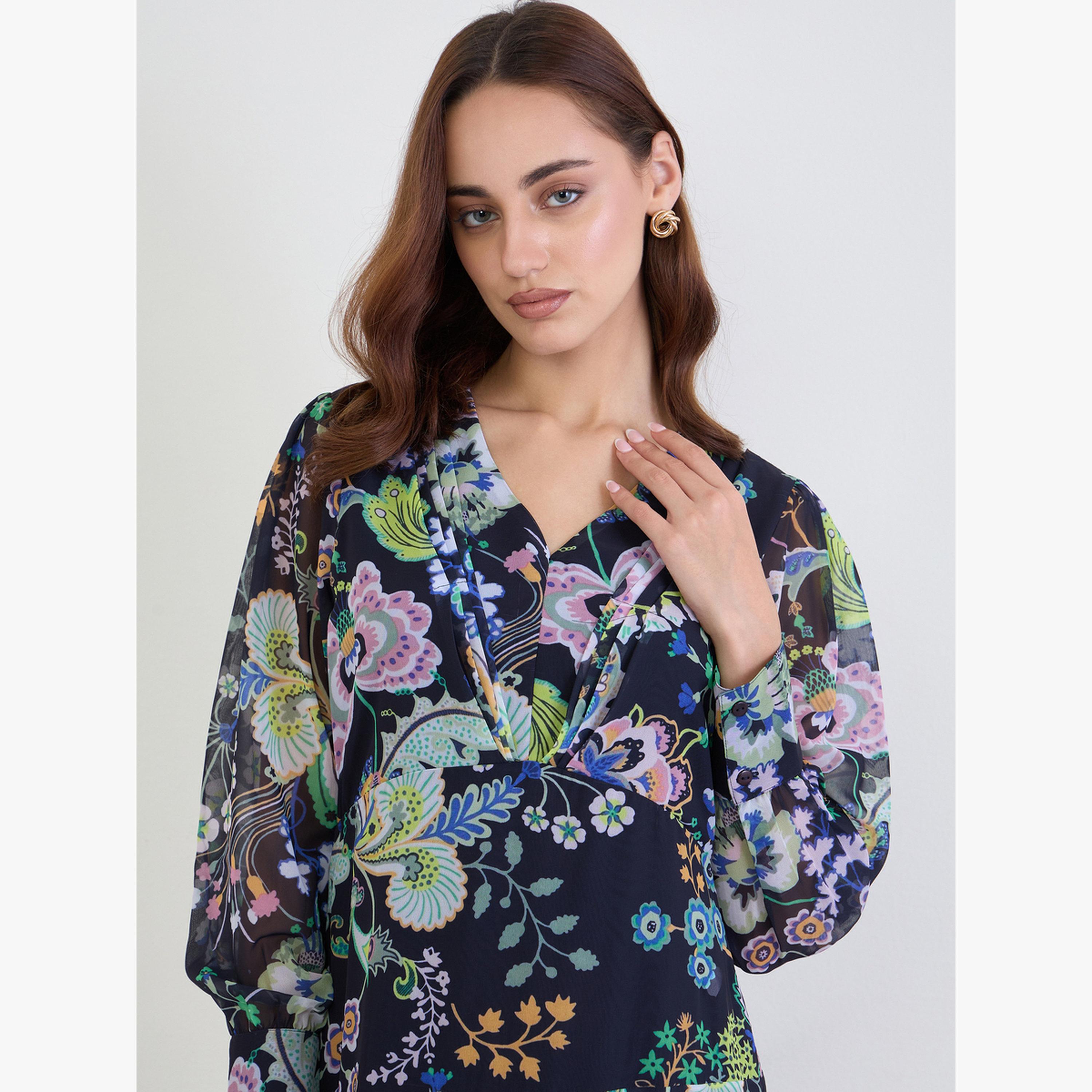 فستان طويل مطبع بزهور ومزين بكسرات مطوية-women-clothing-dresses-image-4