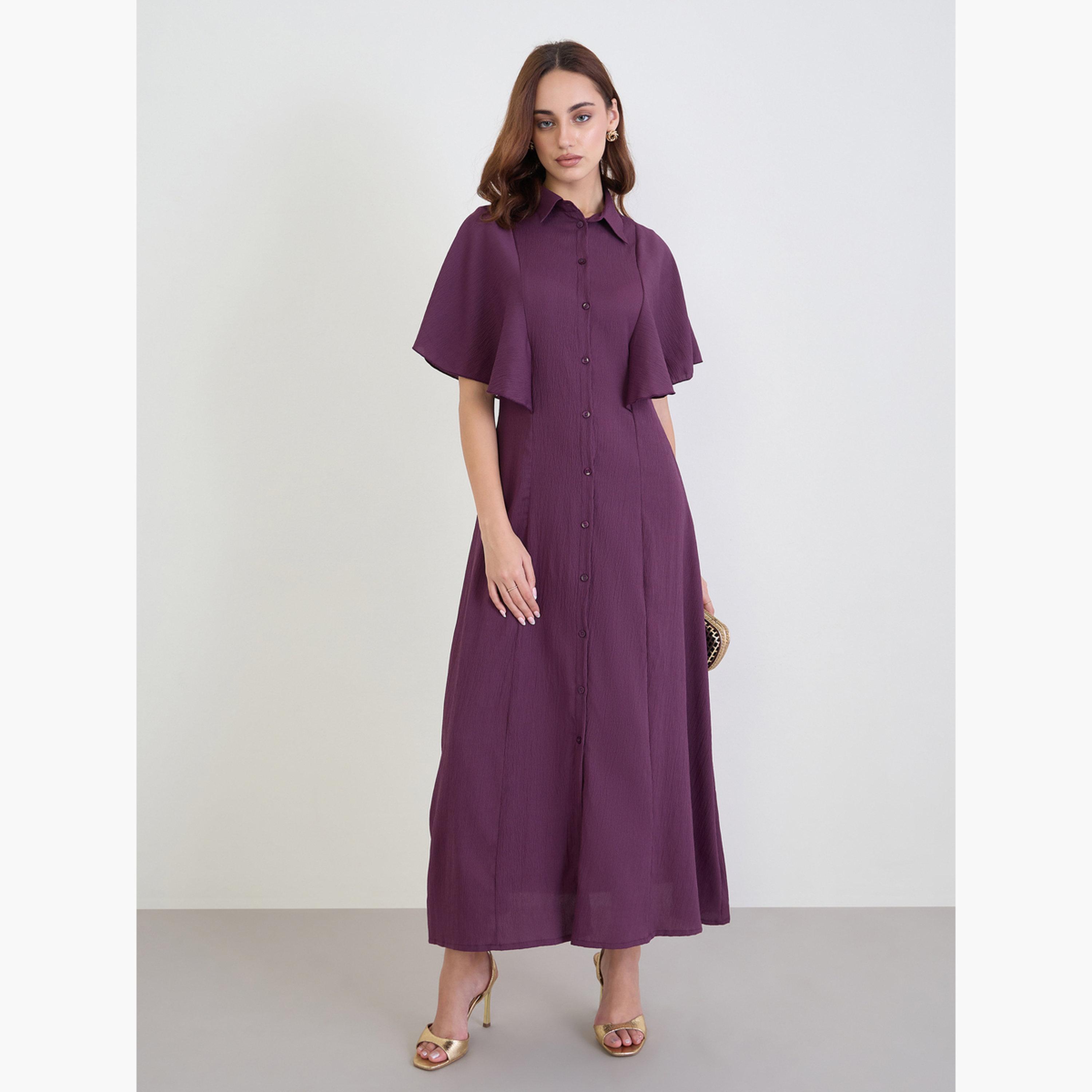 ستايلي - فستان ماكسي نقشة قميص أرجواني للنساء-women-clothing-dresses-image-1