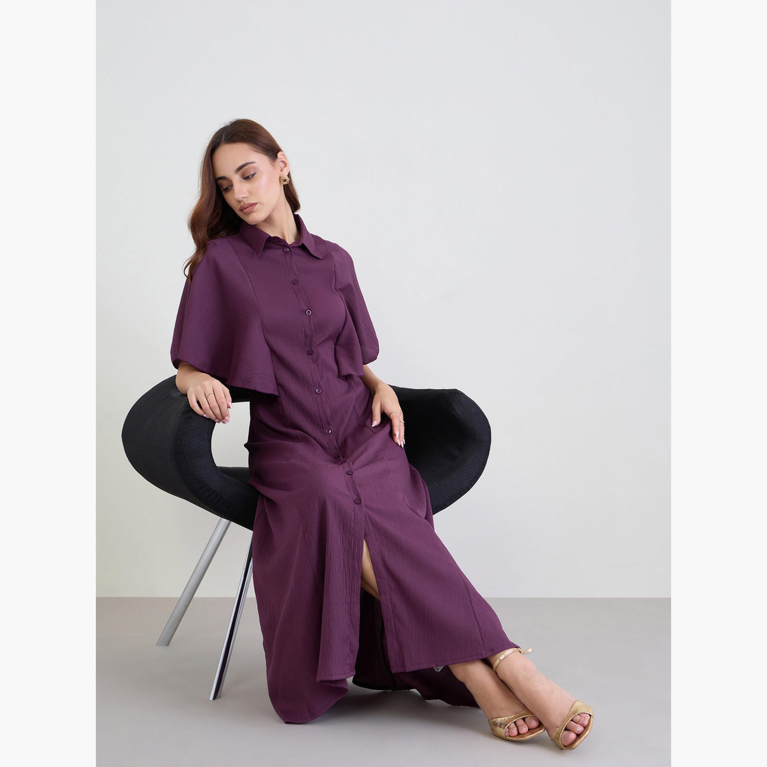 ستايلي - فستان ماكسي نقشة قميص أرجواني للنساء-women-clothing-dresses-image-2
