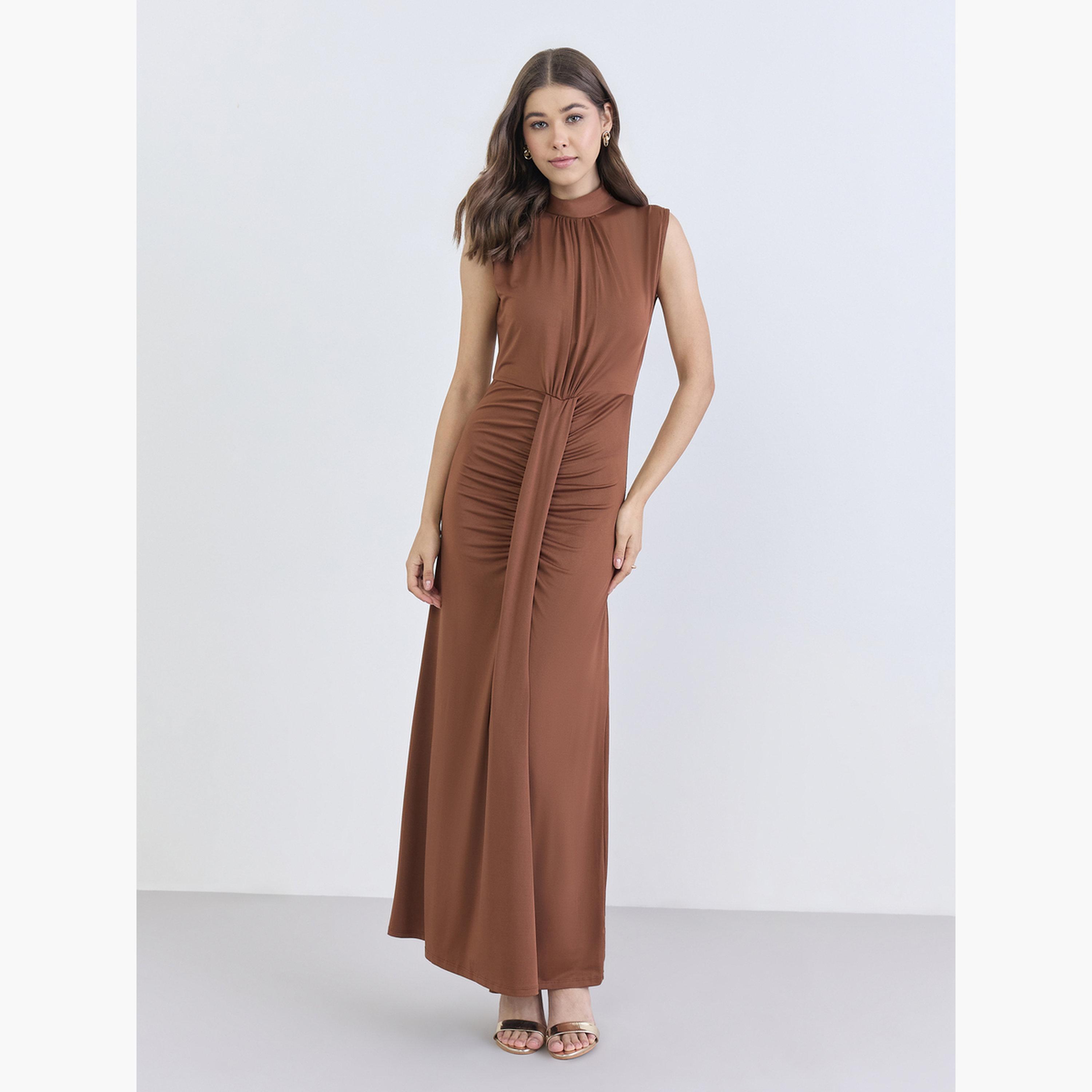 Buy Styli Women Brown Sleeveless Bodycon Maxi Dress Online