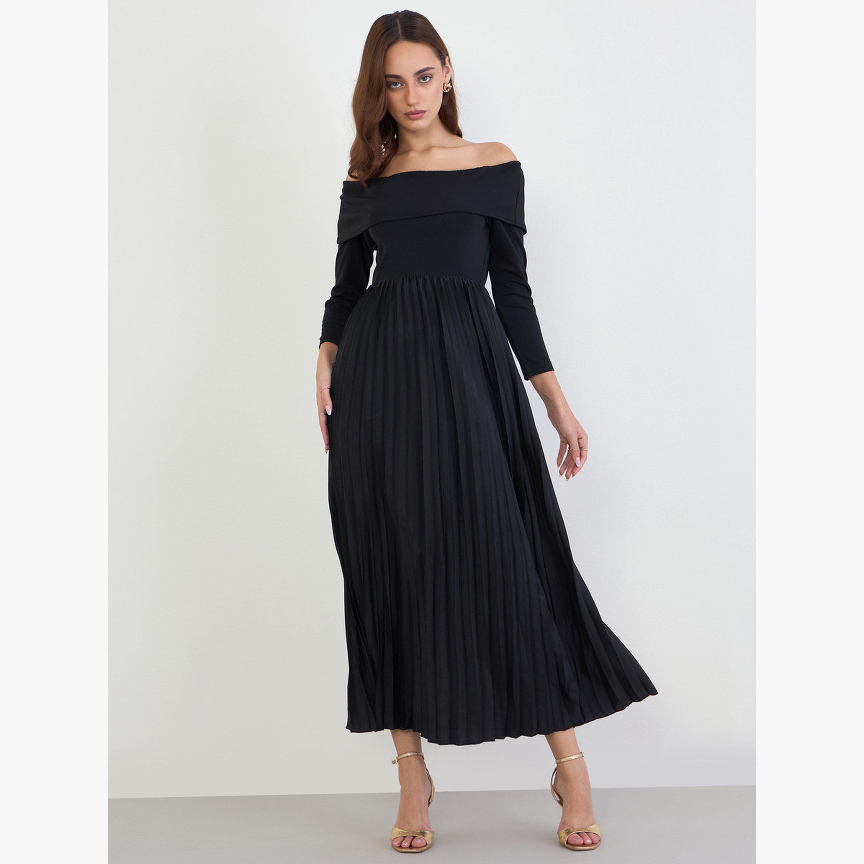 Styli Black Off Shoulder Pleated Evening Maxi Dress-women-clothing-dresses-image-1