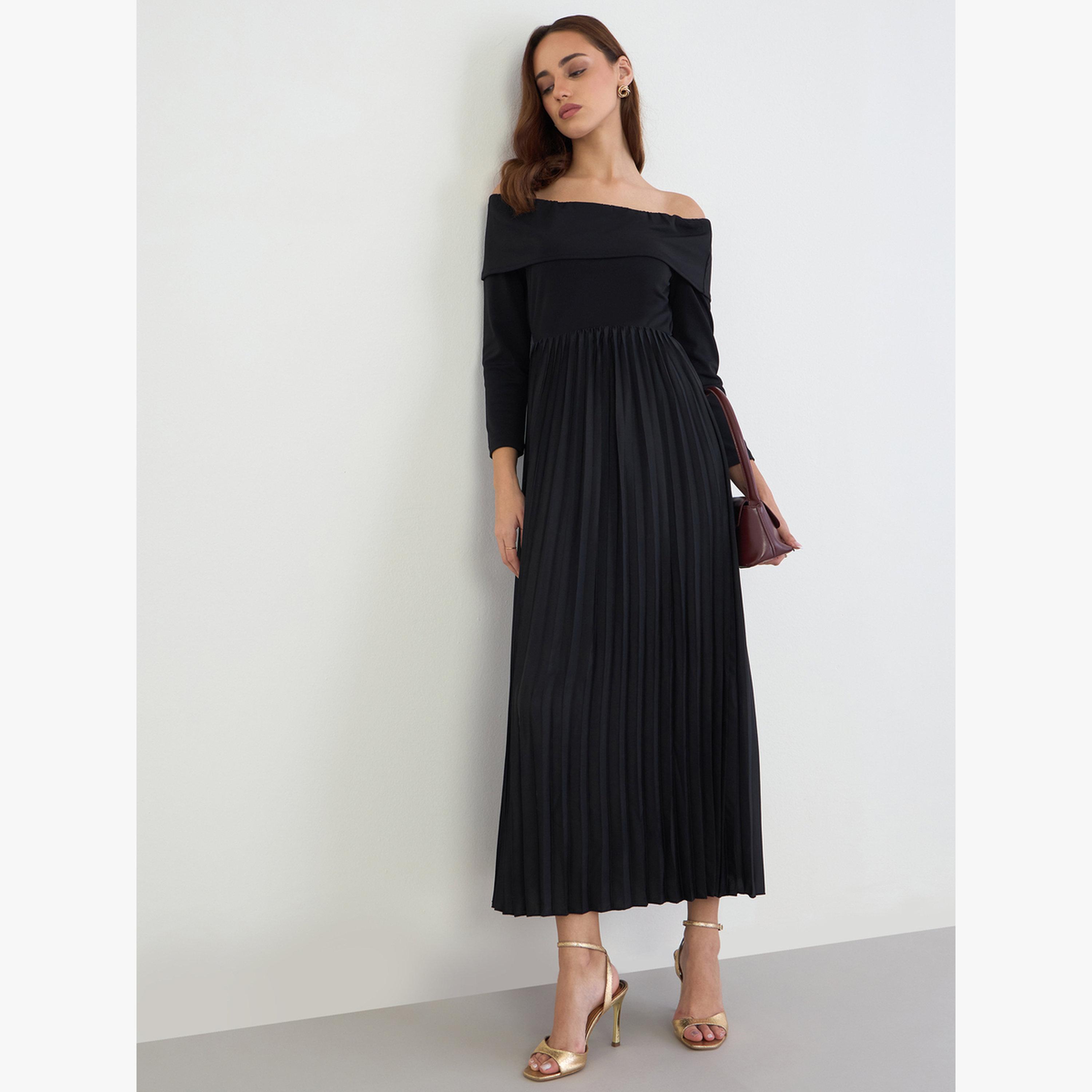 Styli Black Off Shoulder Pleated Evening Maxi Dress-women-clothing-dresses-image-2