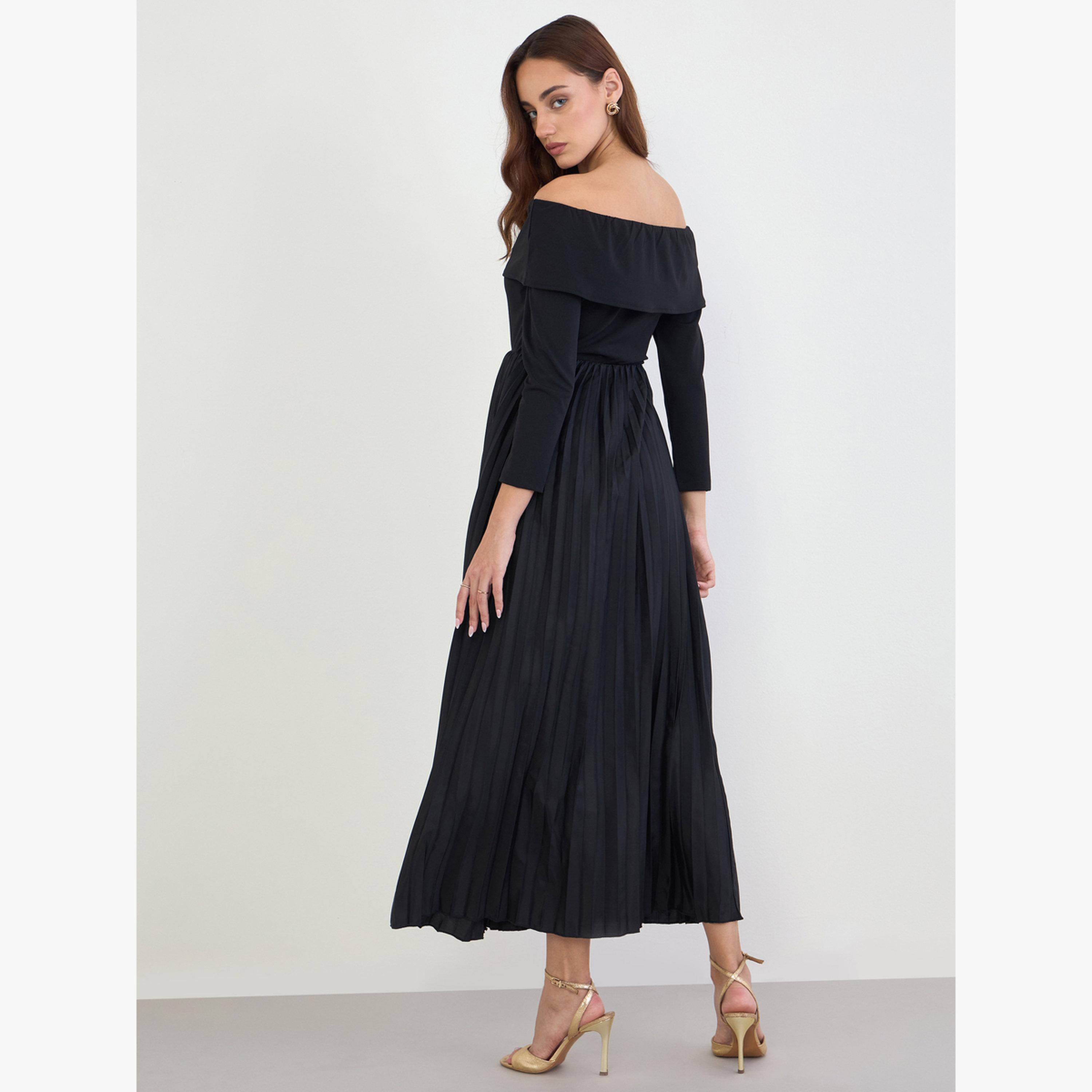 فستان سهرة طويل بكسرات وأكتاف مكشوفة أسود-women-clothing-dresses-image-4