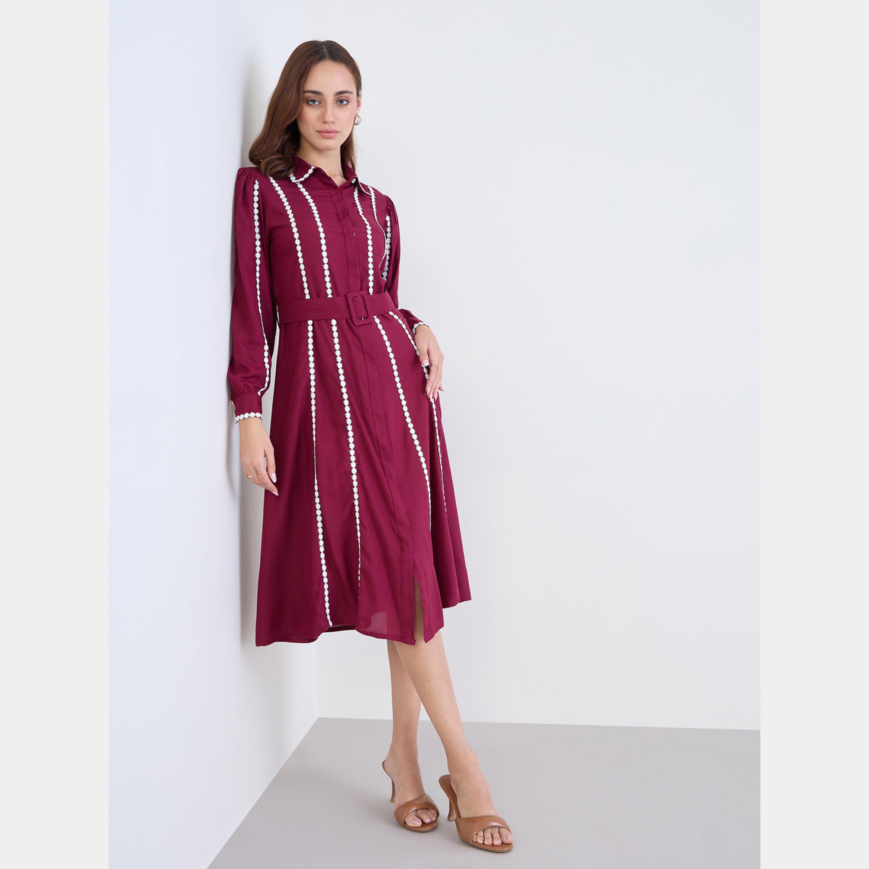 Styli Burgundy Lace Trim Button-Down Long Sleeves Women's Shirt Midi Dress with Belt-women-clothing-dresses-image-2