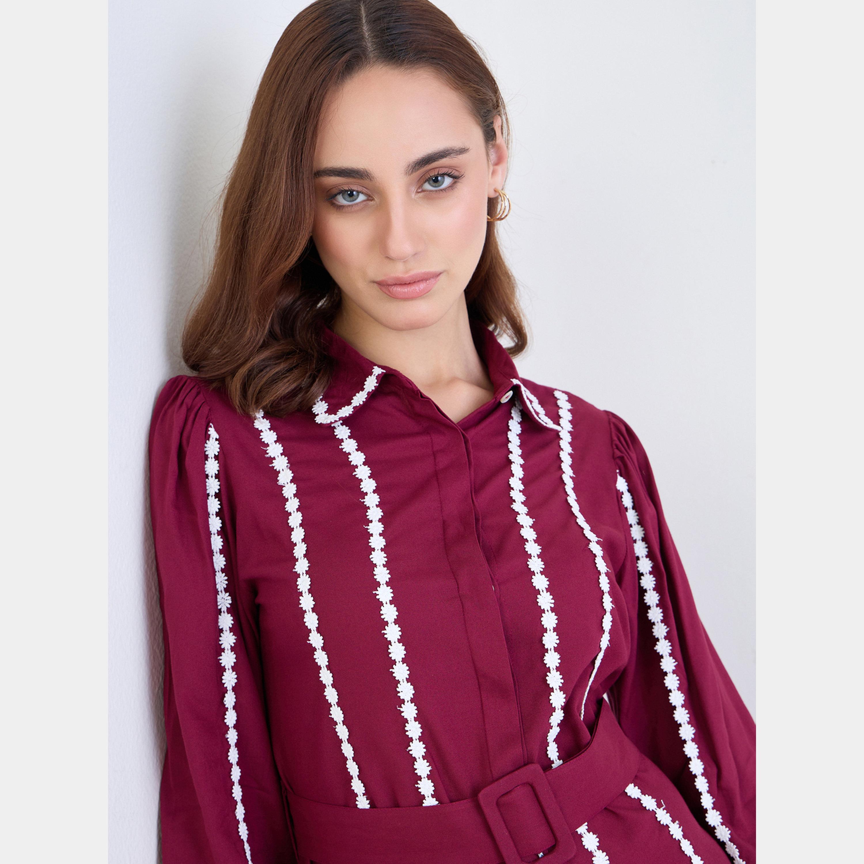 Styli Burgundy Lace Trim Button-Down Long Sleeves Women's Shirt Midi Dress with Belt-women-clothing-dresses-image-4