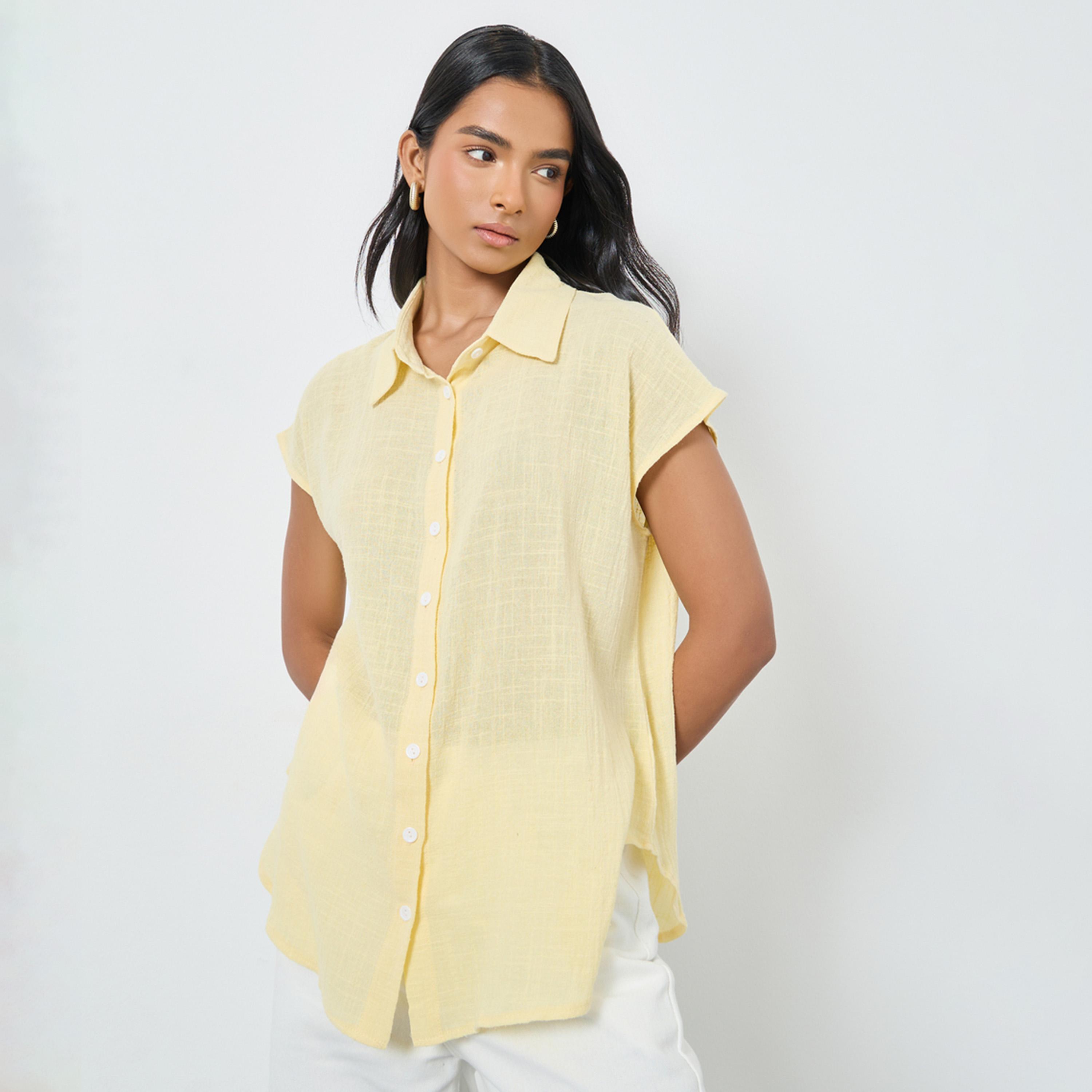 Styli Yellow Longline Shirt with Buttons-women-clothing-shirtsandblouses-shirts-image-1