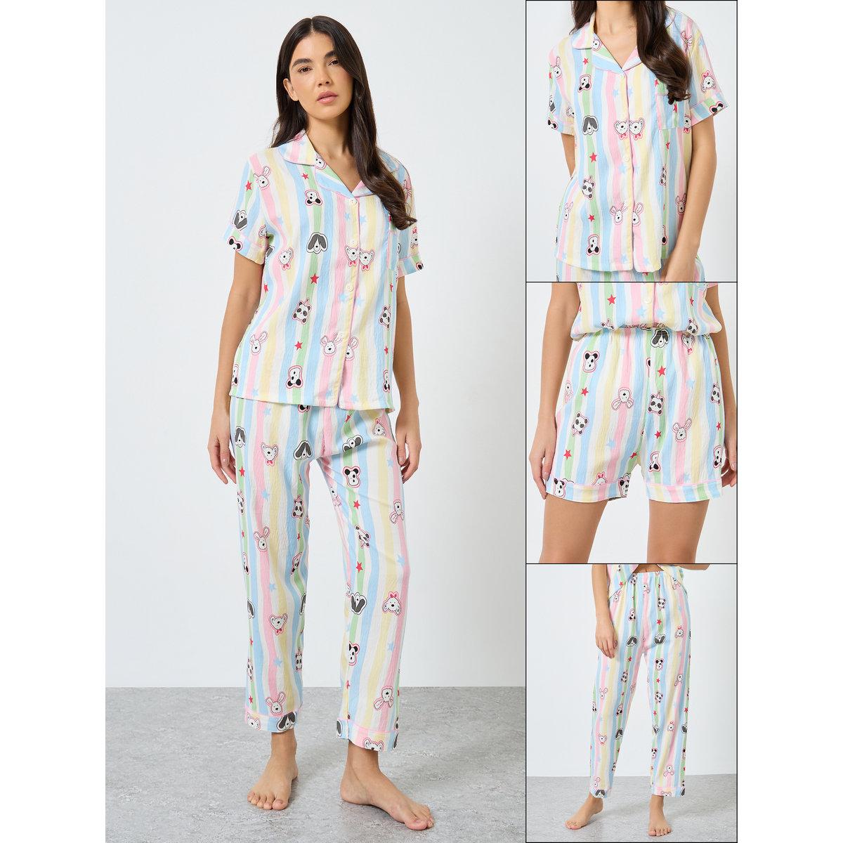 طقم من بنطال بيجاما وشورت مع بلوزة مخططة-women-clothing-nightwear-pyjamas-longsets-image-1