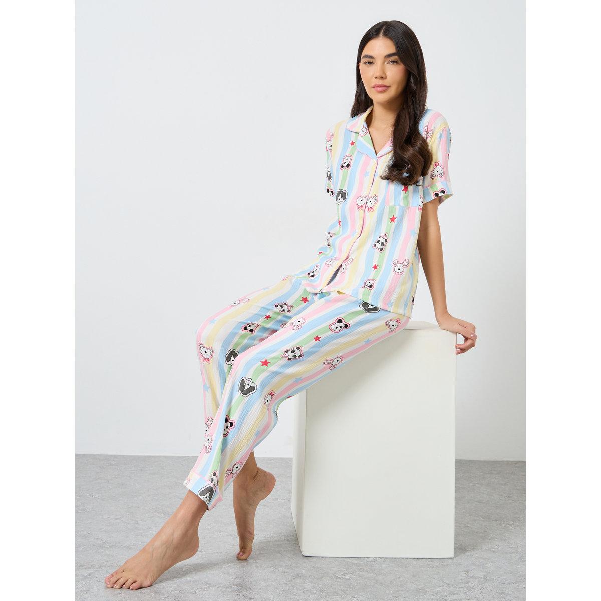 طقم من بنطال بيجاما وشورت مع بلوزة مخططة-women-clothing-nightwear-pyjamas-longsets-image-2