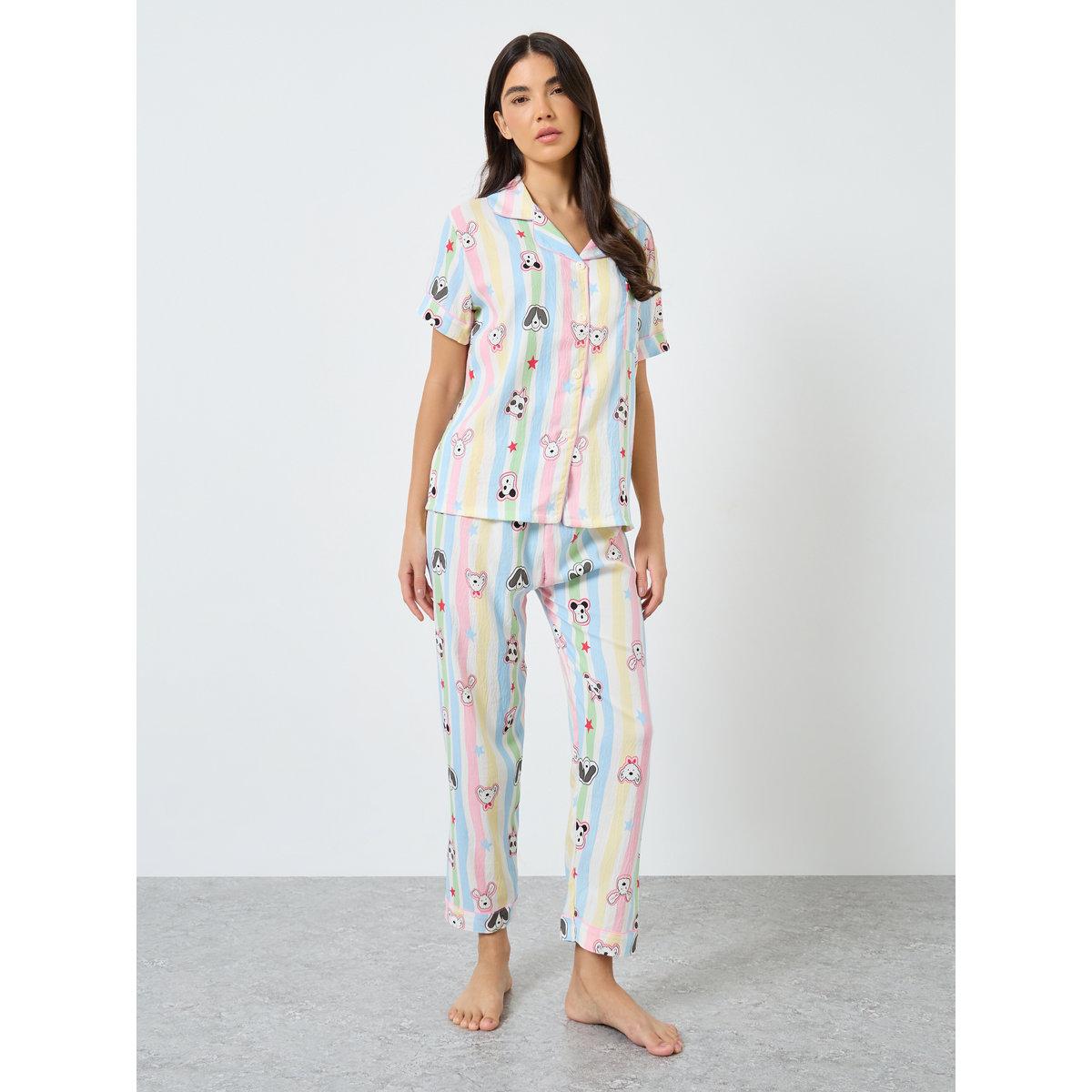 طقم من بنطال بيجاما وشورت مع بلوزة مخططة-women-clothing-nightwear-pyjamas-longsets-image-3