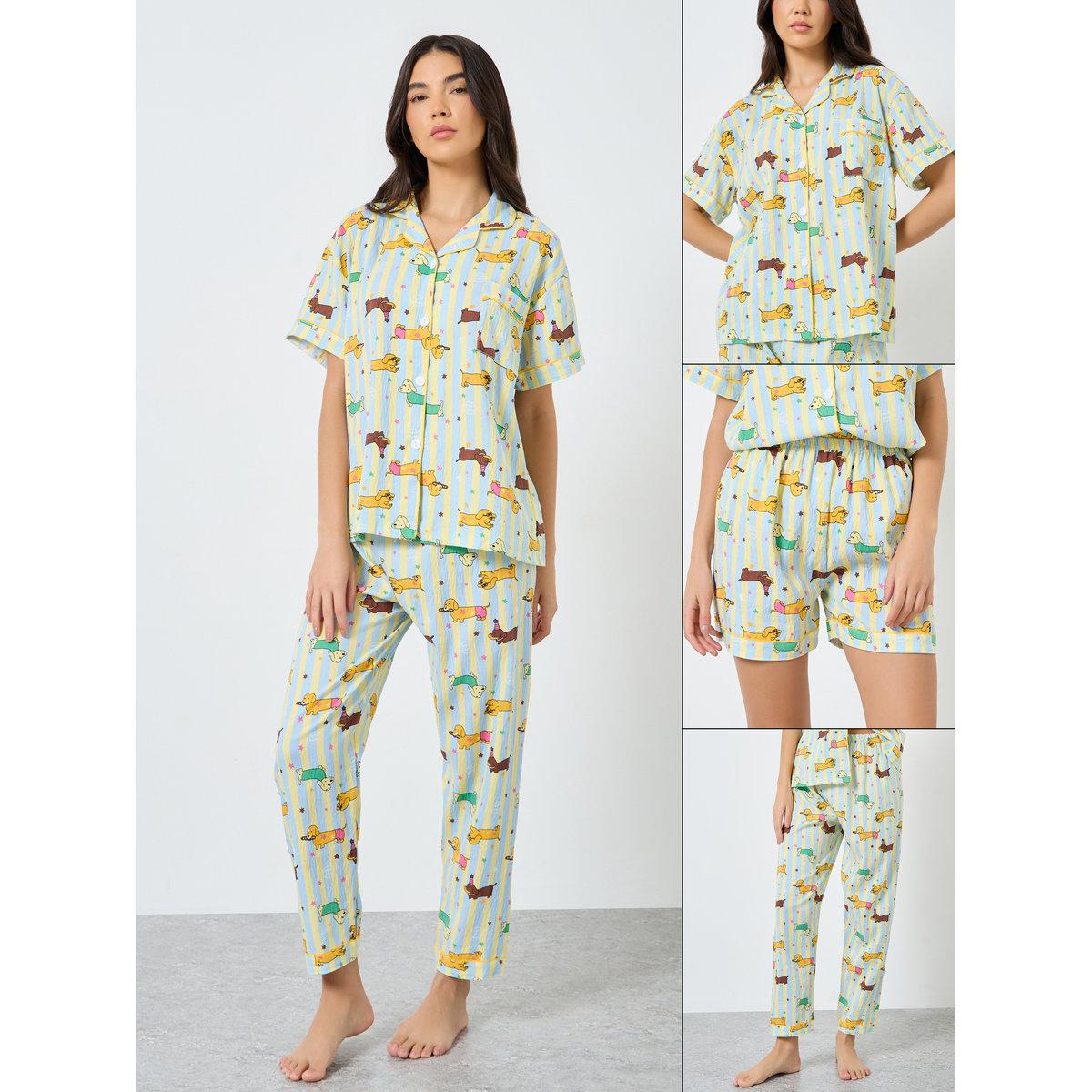 طقم من بنطال بيجاما وشورت مع بلوزة بطبعة حيوان-women-clothing-nightwear-pyjamas-longsets-image-1