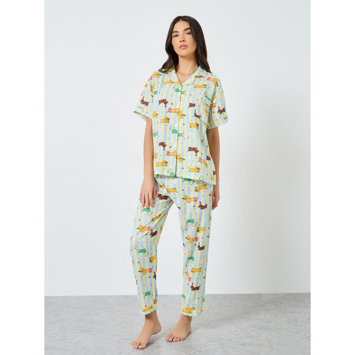 طقم من بنطال بيجاما وشورت مع بلوزة بطبعة حيوان-women-clothing-nightwear-pyjamas-longsets-image-2