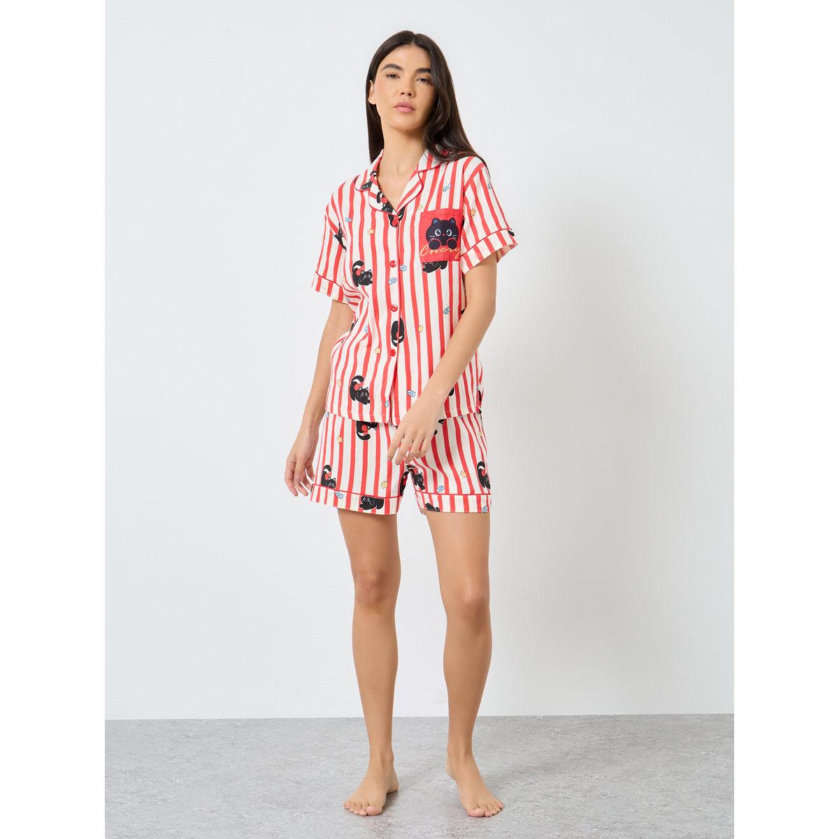 Styli Cat Striped Print Cotton Shirt and Shorts Set-women-clothing-nightwear-pyjamas-longsets-image-1