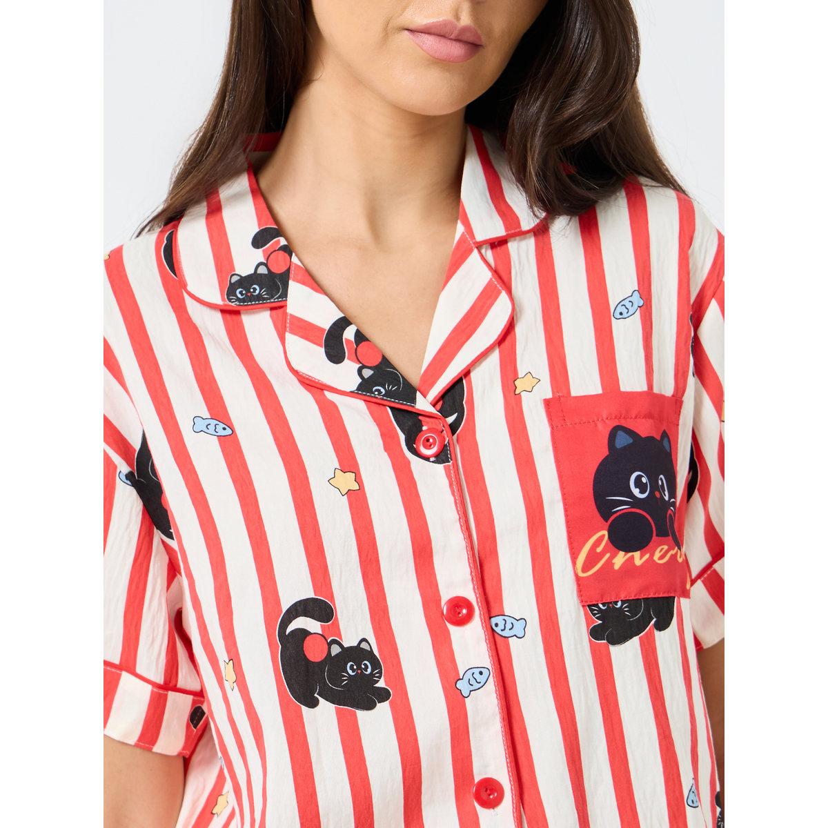 Styli Cat Striped Print Cotton Shirt and Shorts Set-women-clothing-nightwear-pyjamas-longsets-image-3