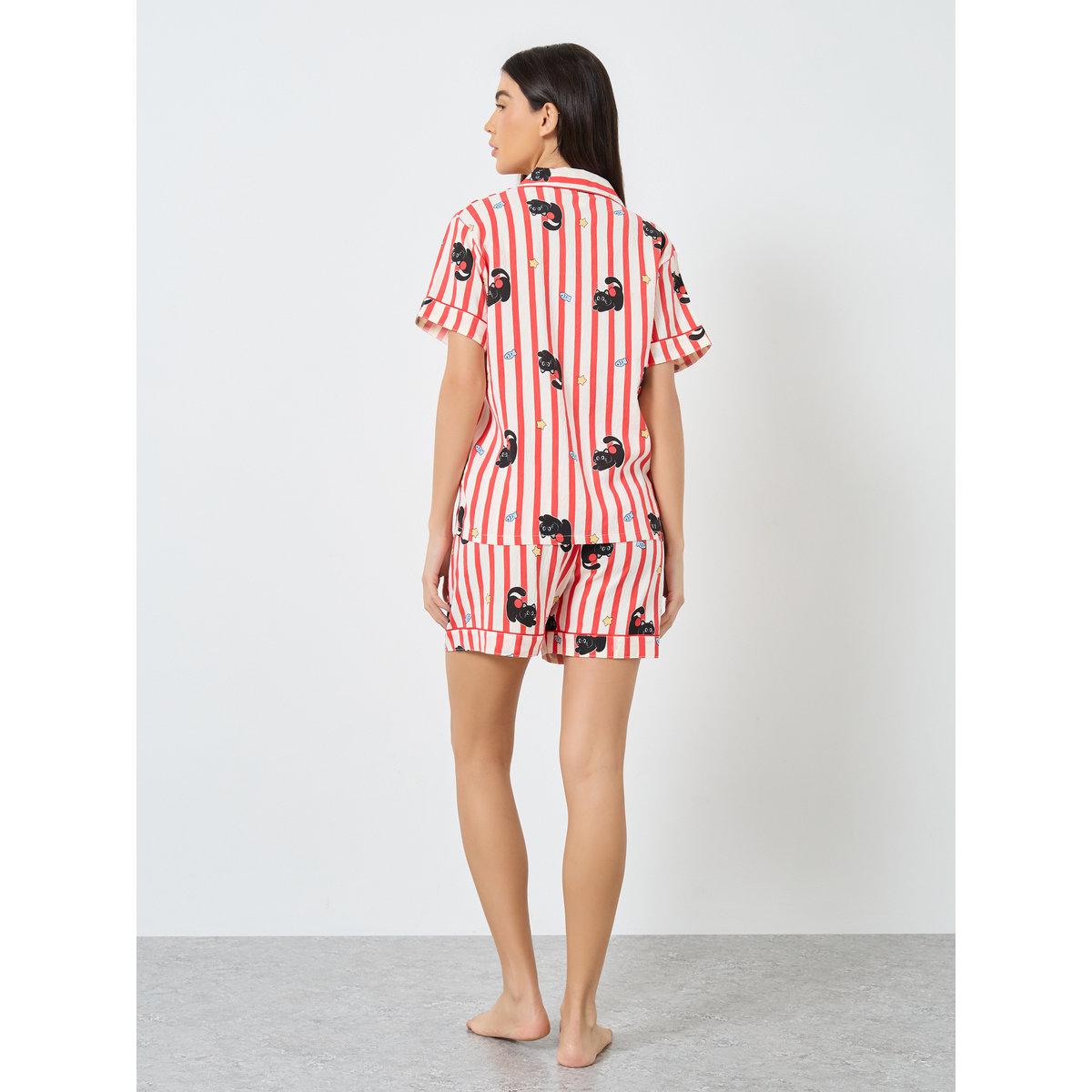 Styli Cat Striped Print Cotton Shirt and Shorts Set-women-clothing-nightwear-pyjamas-longsets-image-4