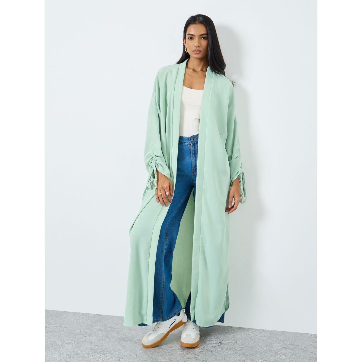 كيمونو سادة بتفاصيل أكمام مزمومة-women-arabicclothing-abayas-image-1