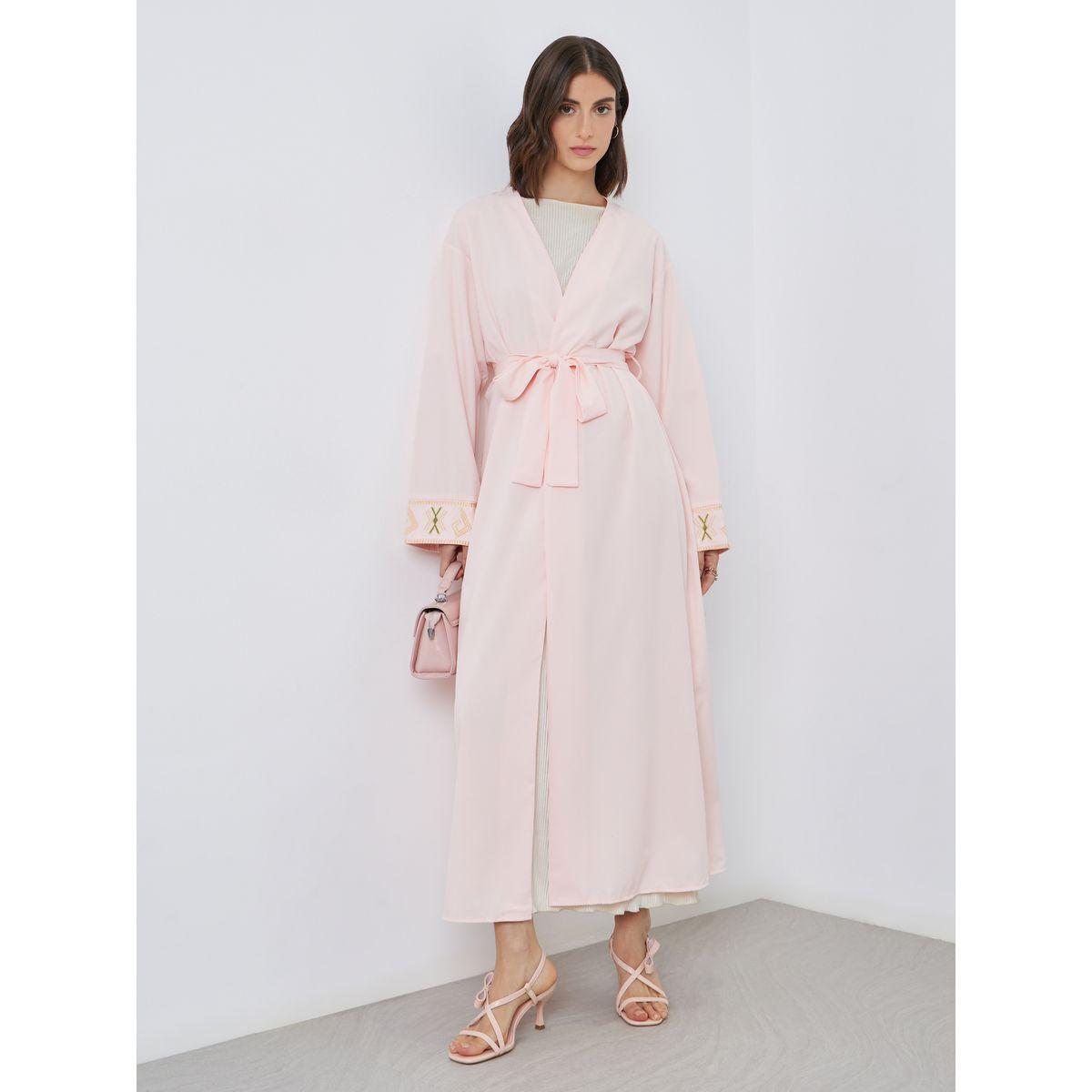 Styli Women Peach Embroidered Detail Long Sleeve Abaya with Tie-women-arabicclothing-abayas-image-1