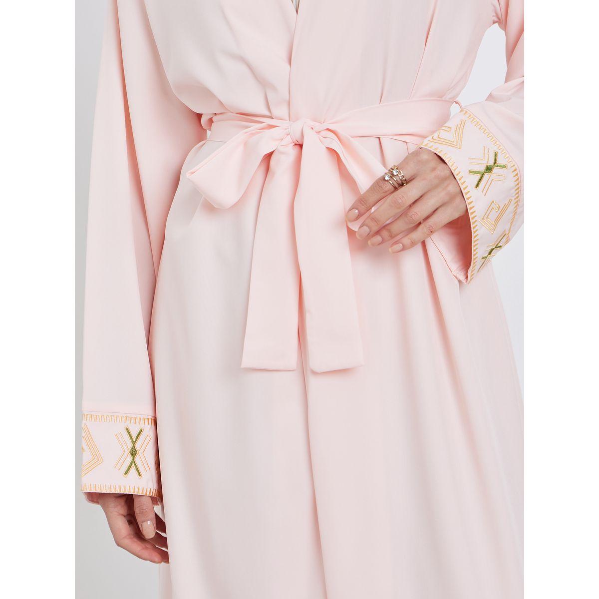 Styli Women Peach Embroidered Detail Long Sleeve Abaya with Tie-women-arabicclothing-abayas-image-3