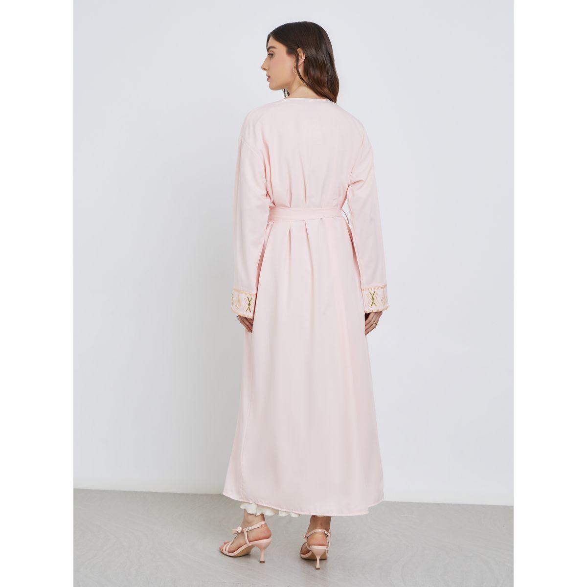 Styli Women Peach Embroidered Detail Long Sleeve Abaya with Tie-women-arabicclothing-abayas-image-4