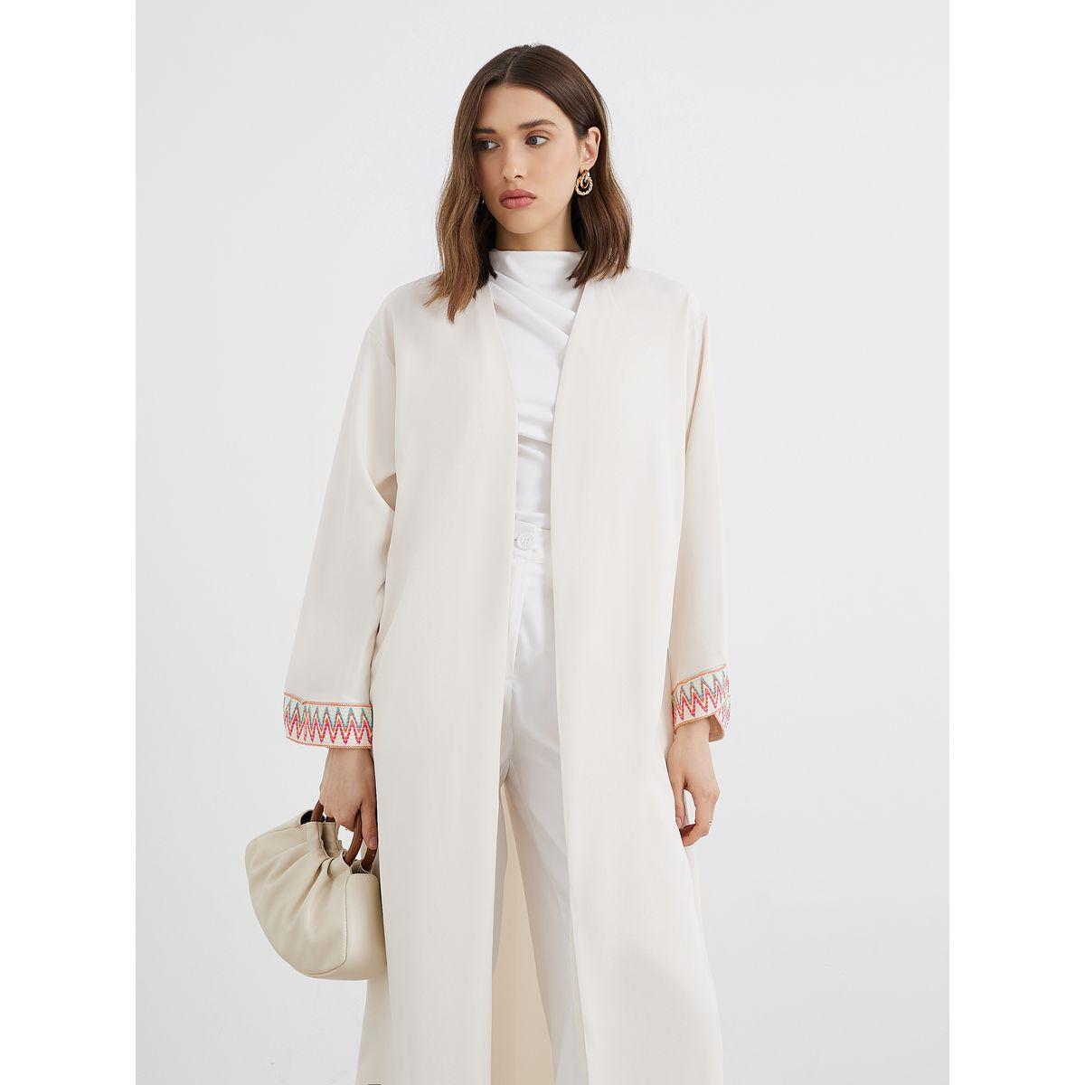 Styli Women Beige Solid Open Front Abaya with Contrast Cuff Detail-women-arabicclothing-abayas-image-2