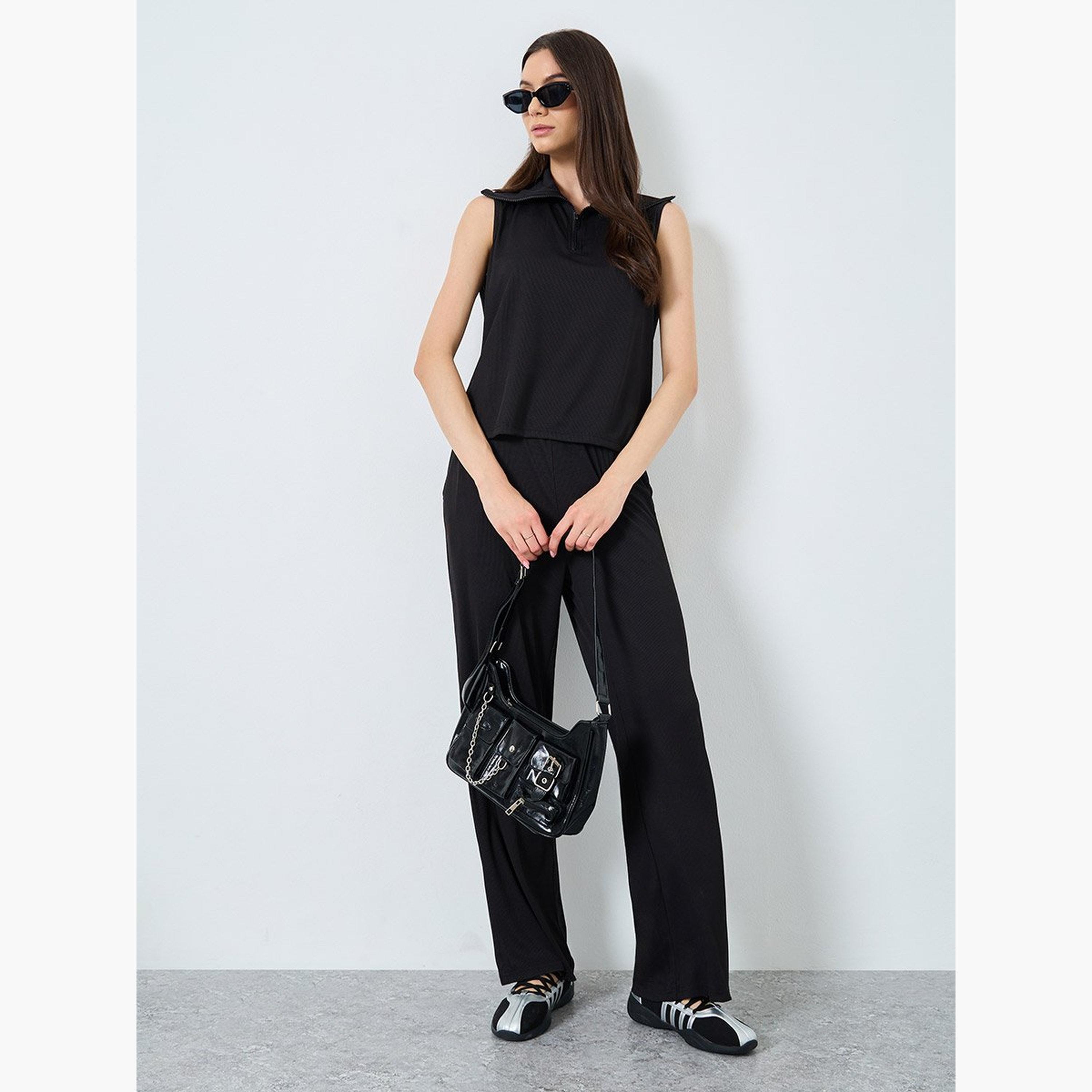 تيك تو - قميص داخلي أسود مضلع مع بنطال-women-clothing-coordsets-image-1