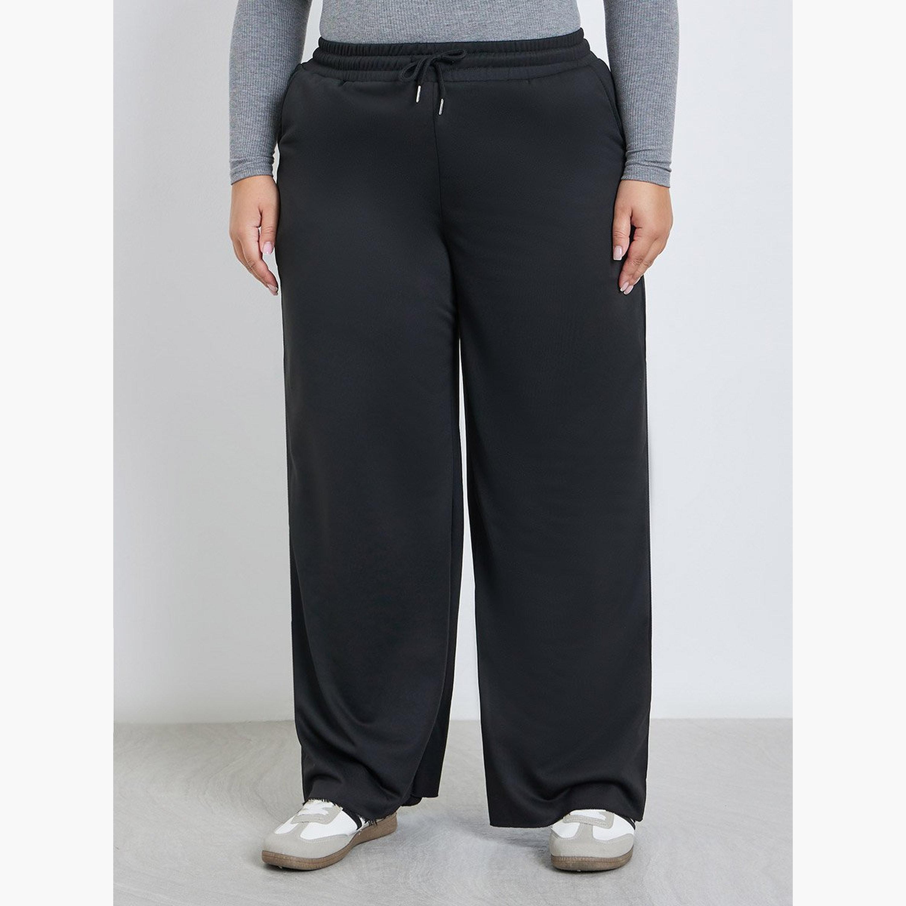 Styli Plus Black Wide Leg Joggers with Drawstring Waist-women-clothing-bottoms-joggers-image-1