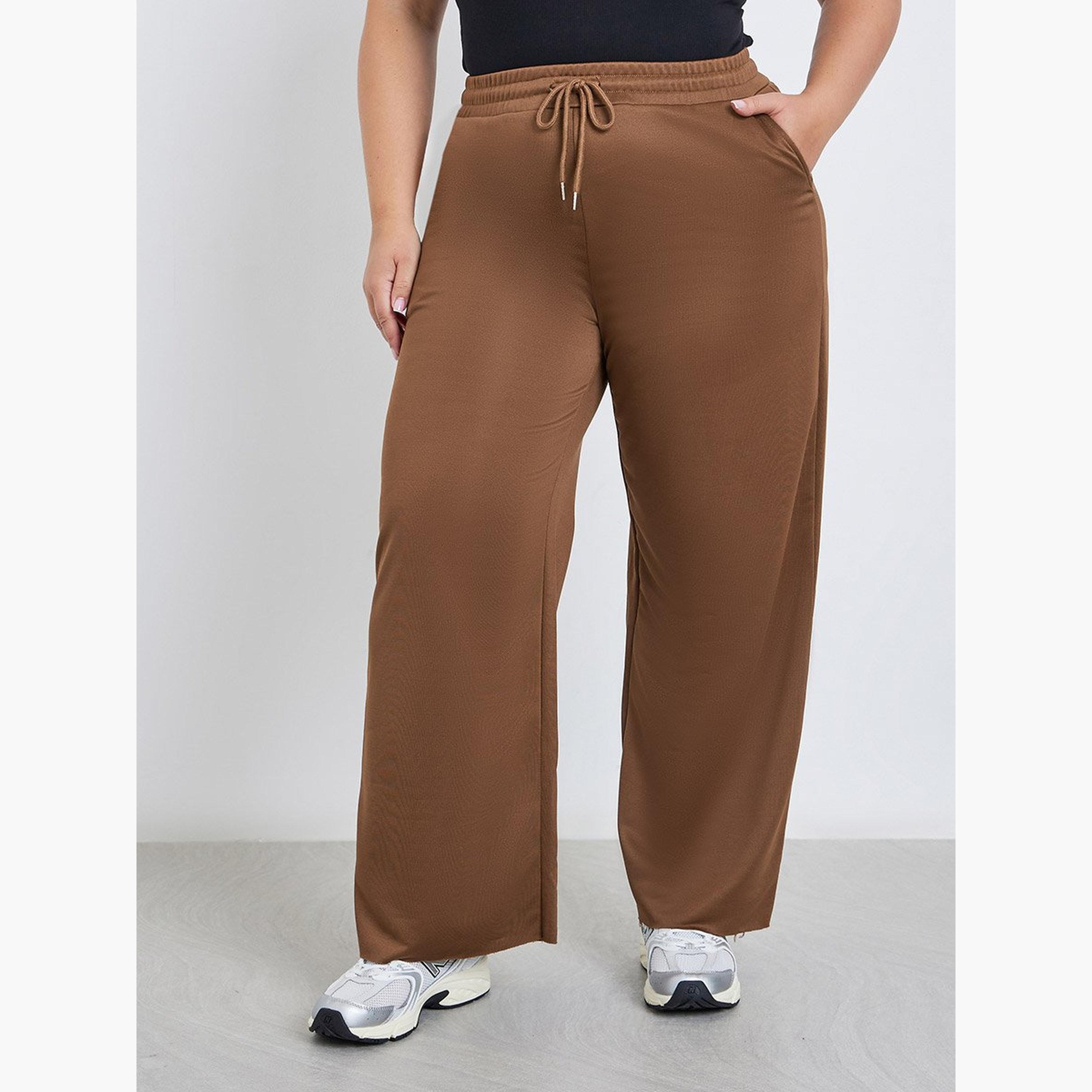 Styli Plus Brown Wide Leg Joggers with Drawstring Waist-women-clothing-bottoms-joggers-image-1