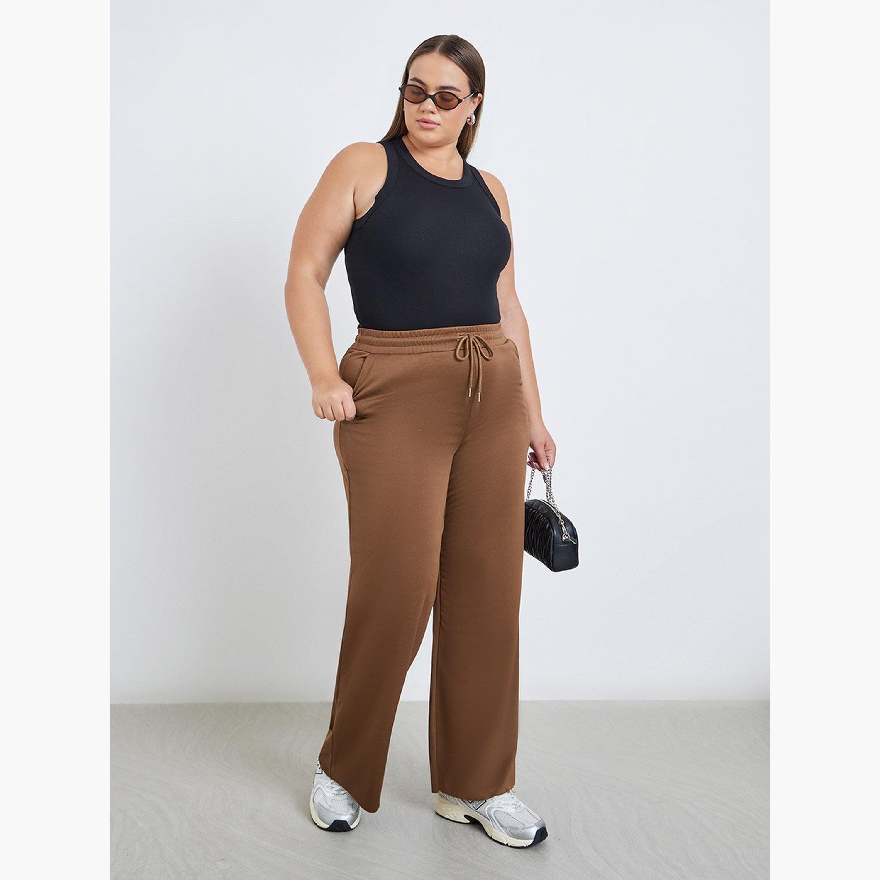 Styli Plus Brown Wide Leg Joggers with Drawstring Waist-women-clothing-bottoms-joggers-image-2