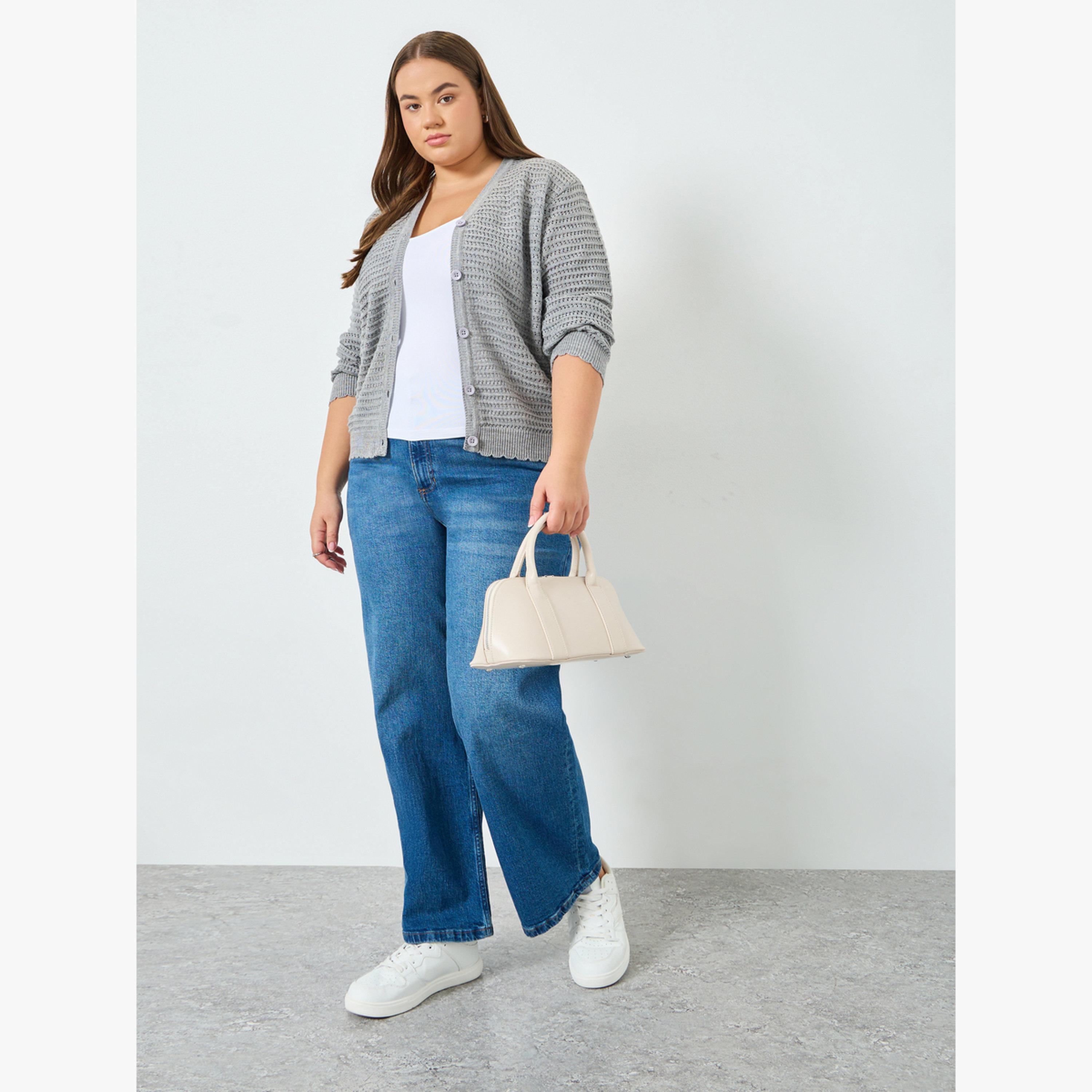 Styli Plus Size Grey Knitted Cardigan with Buttons-women-winterwear-cardigansandjumpers-cardigans-image-2
