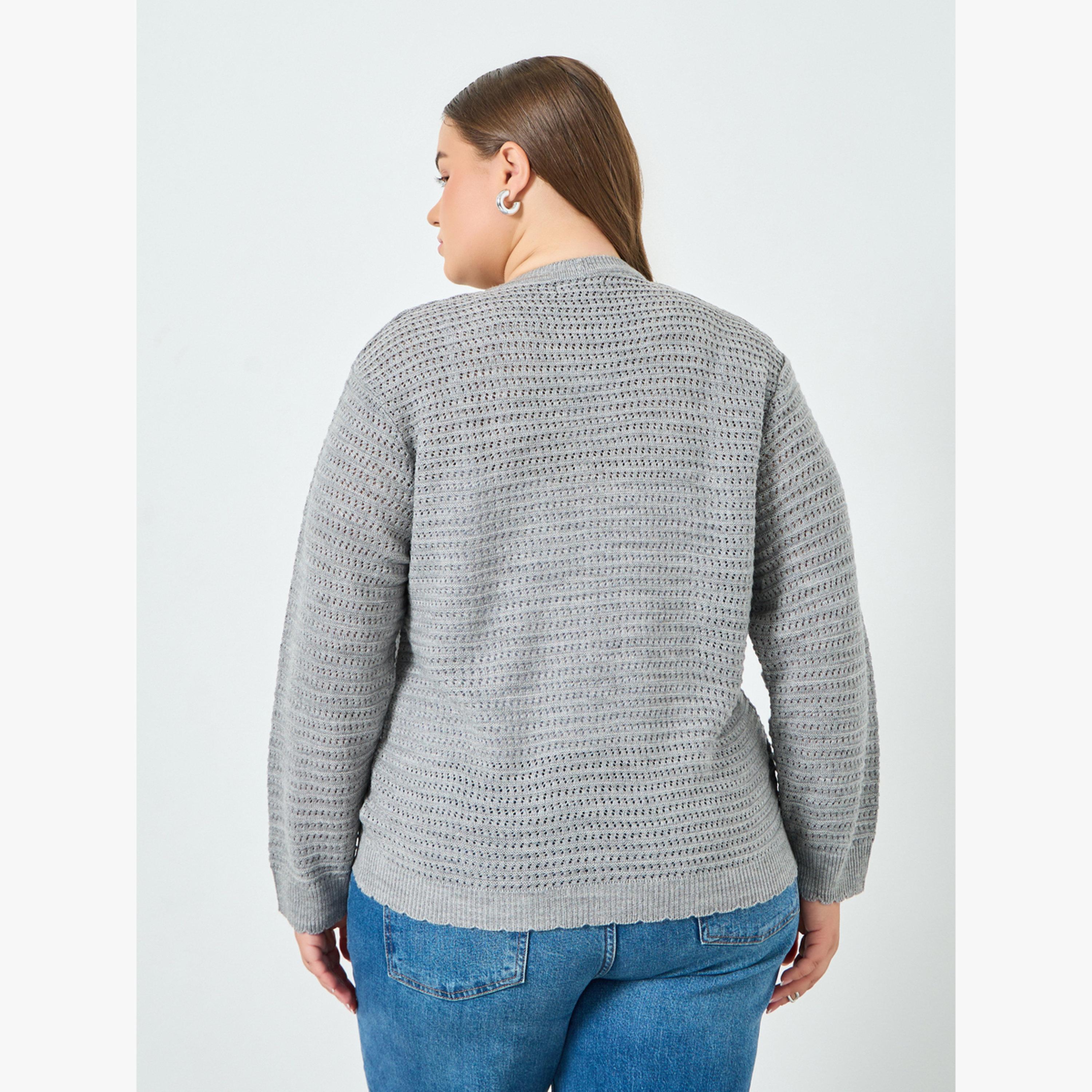 Styli Plus Size Grey Knitted Cardigan with Buttons-women-winterwear-cardigansandjumpers-cardigans-image-4