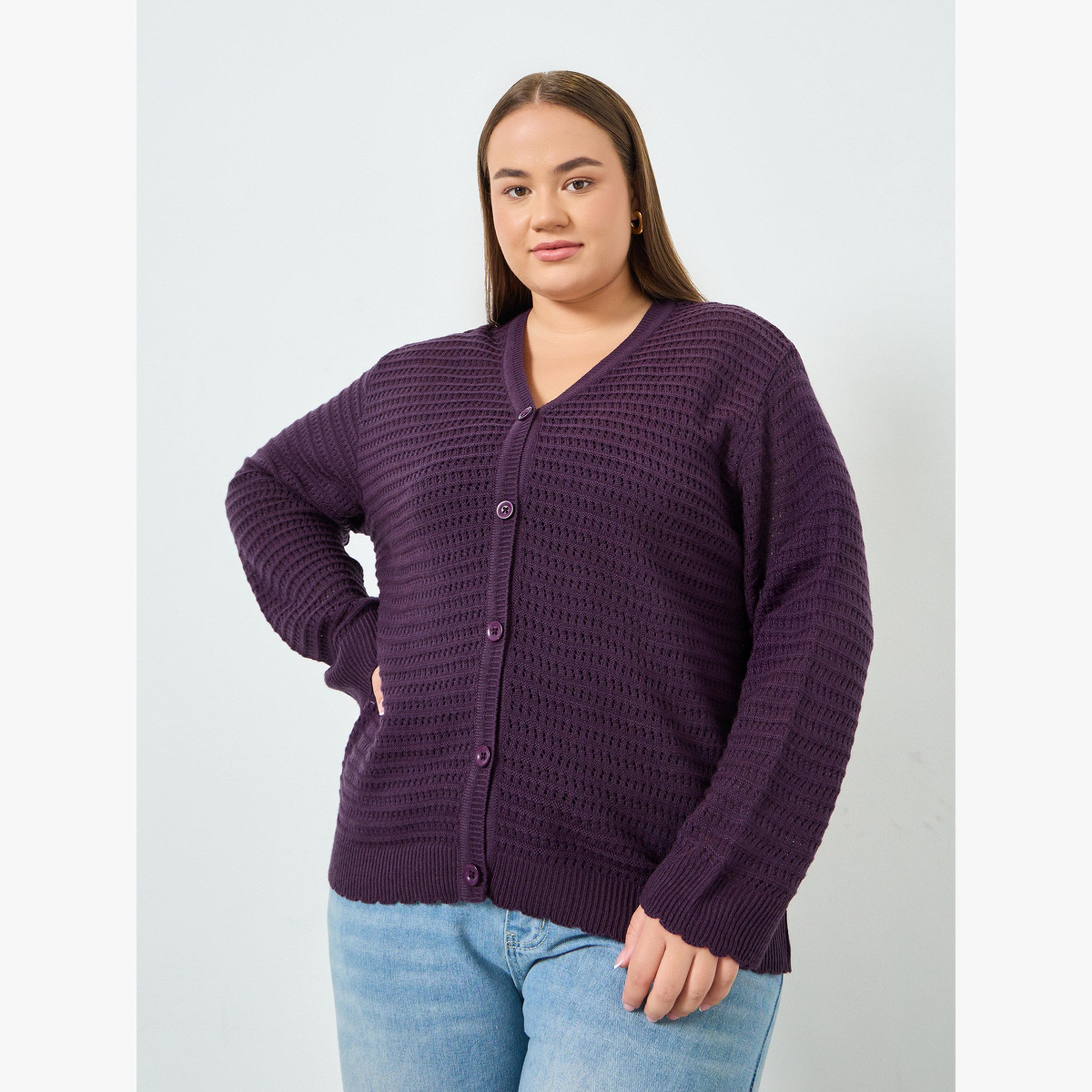 Styli Plus Size Purple Knitted Cardigan with Buttons-women-winterwear-cardigansandjumpers-cardigans-image-1