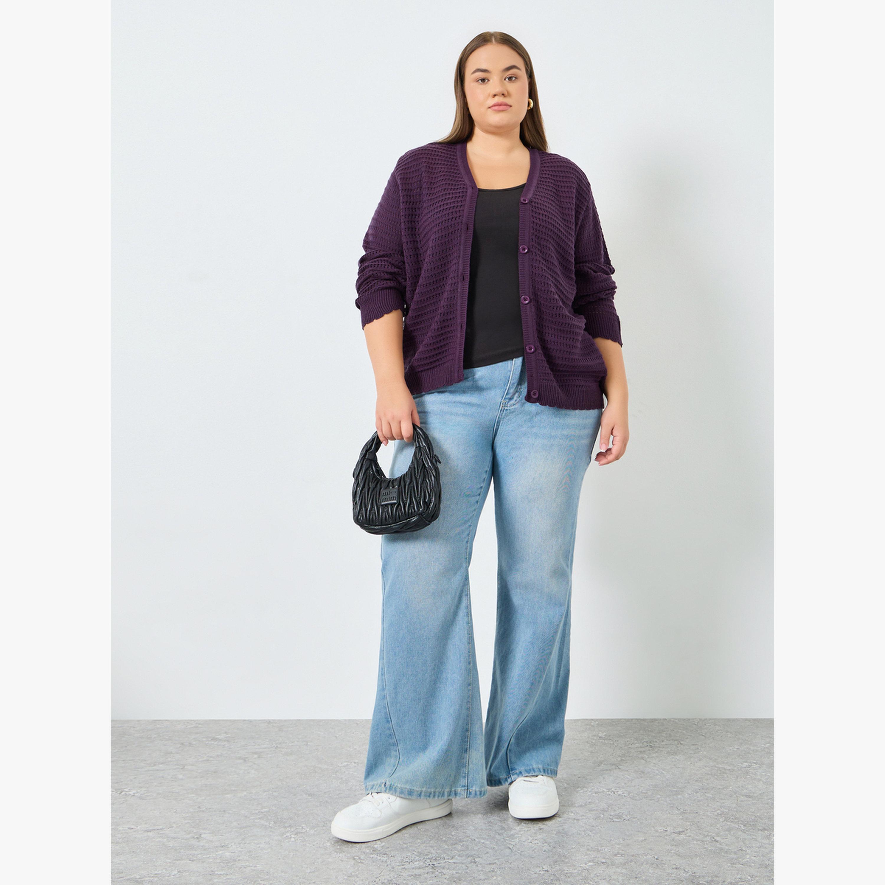 Styli Plus Size Purple Knitted Cardigan with Buttons-women-winterwear-cardigansandjumpers-cardigans-image-2