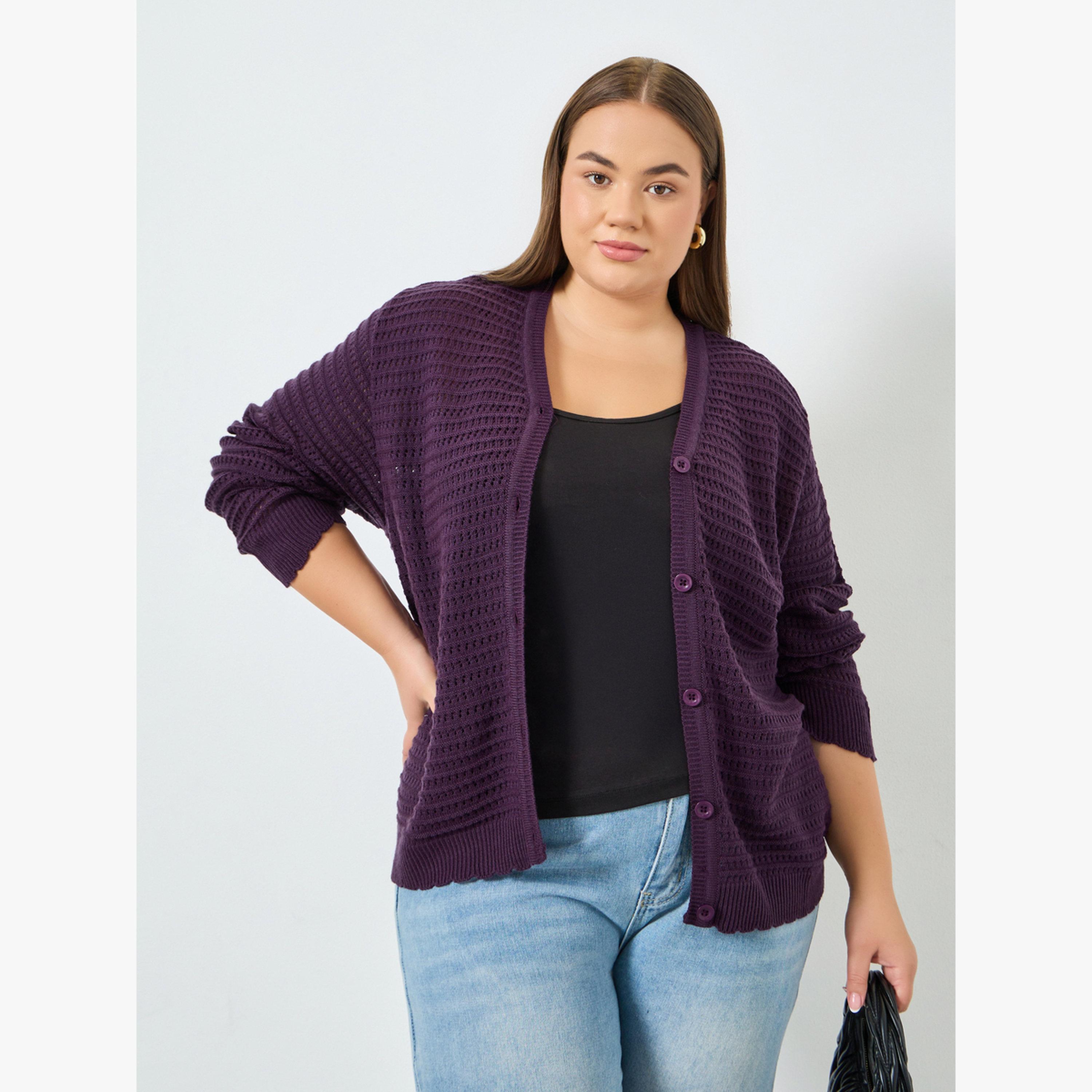 Styli Plus Size Purple Knitted Cardigan with Buttons-women-winterwear-cardigansandjumpers-cardigans-image-3