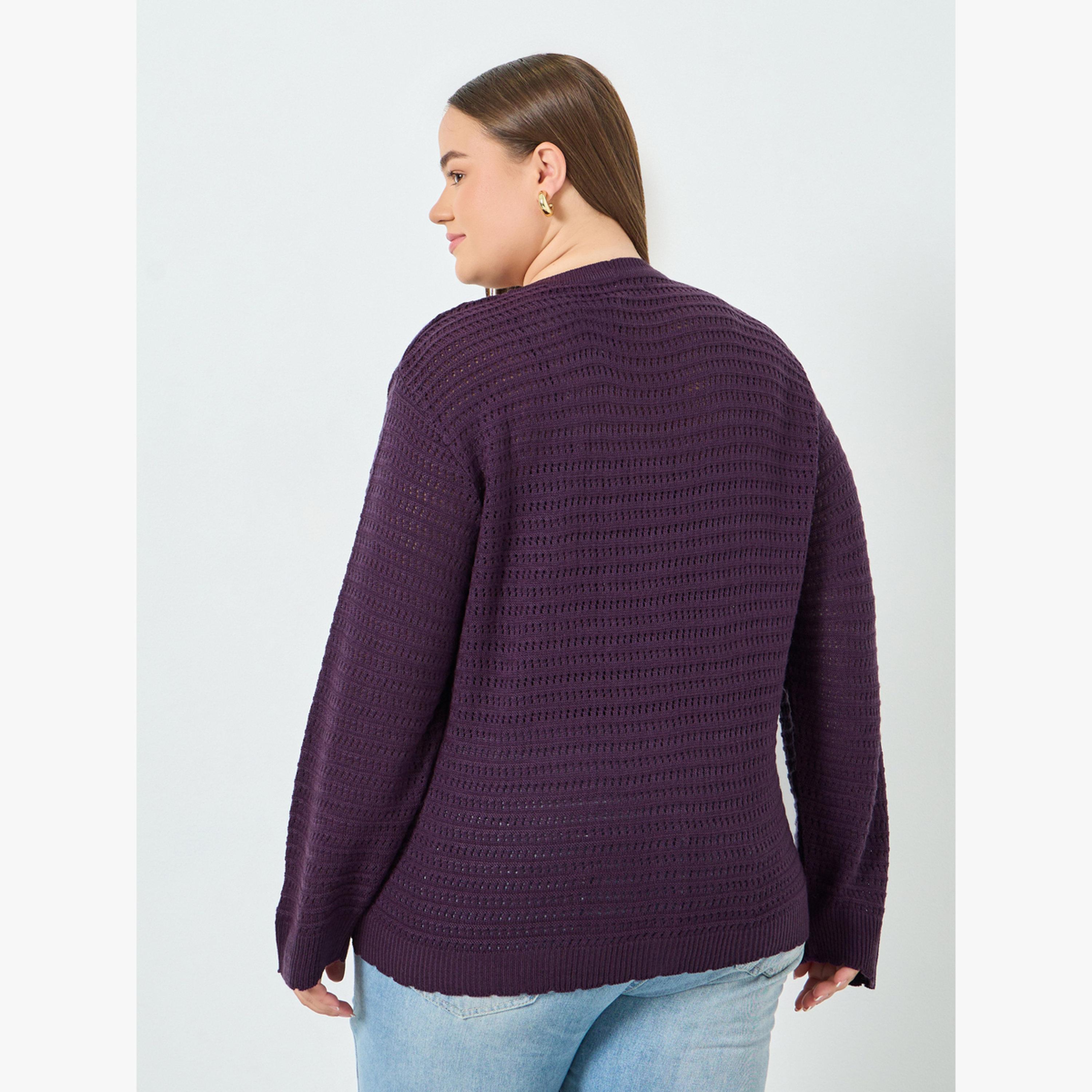 Styli Plus Size Purple Knitted Cardigan with Buttons-women-winterwear-cardigansandjumpers-cardigans-image-4
