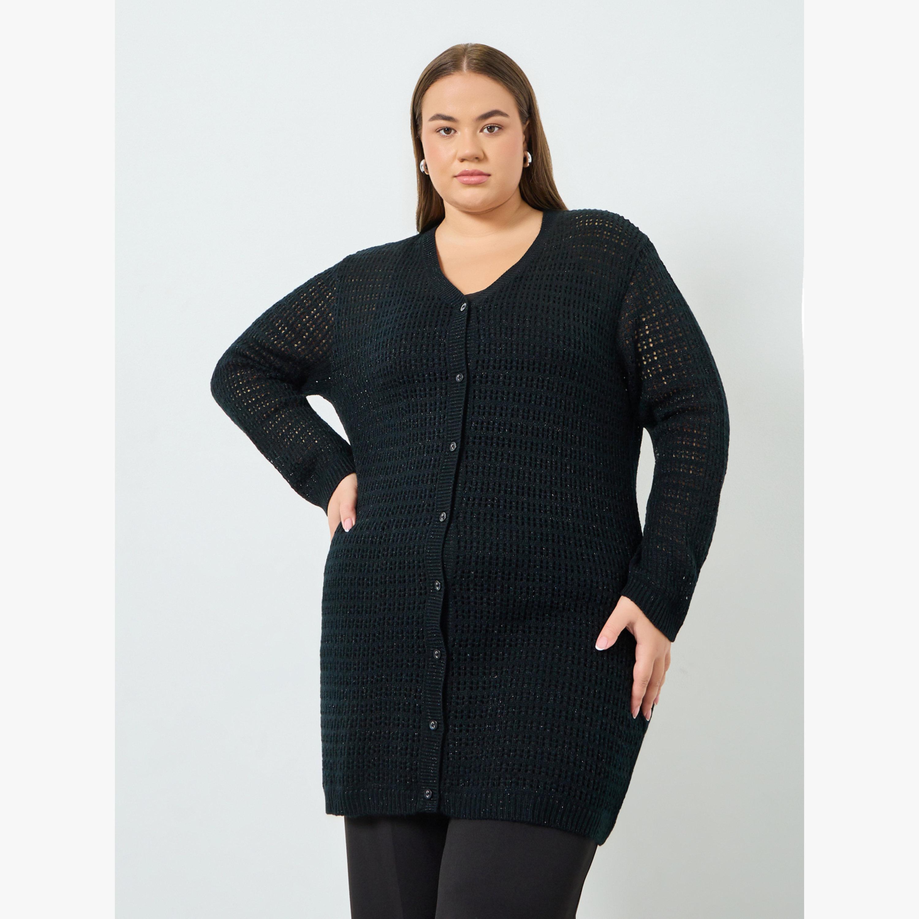 كارديجان محبوك طويل بمقاس كبير وتفاصيل بارزة الملمس-women-winterwear-cardigansandjumpers-cardigans-image-1