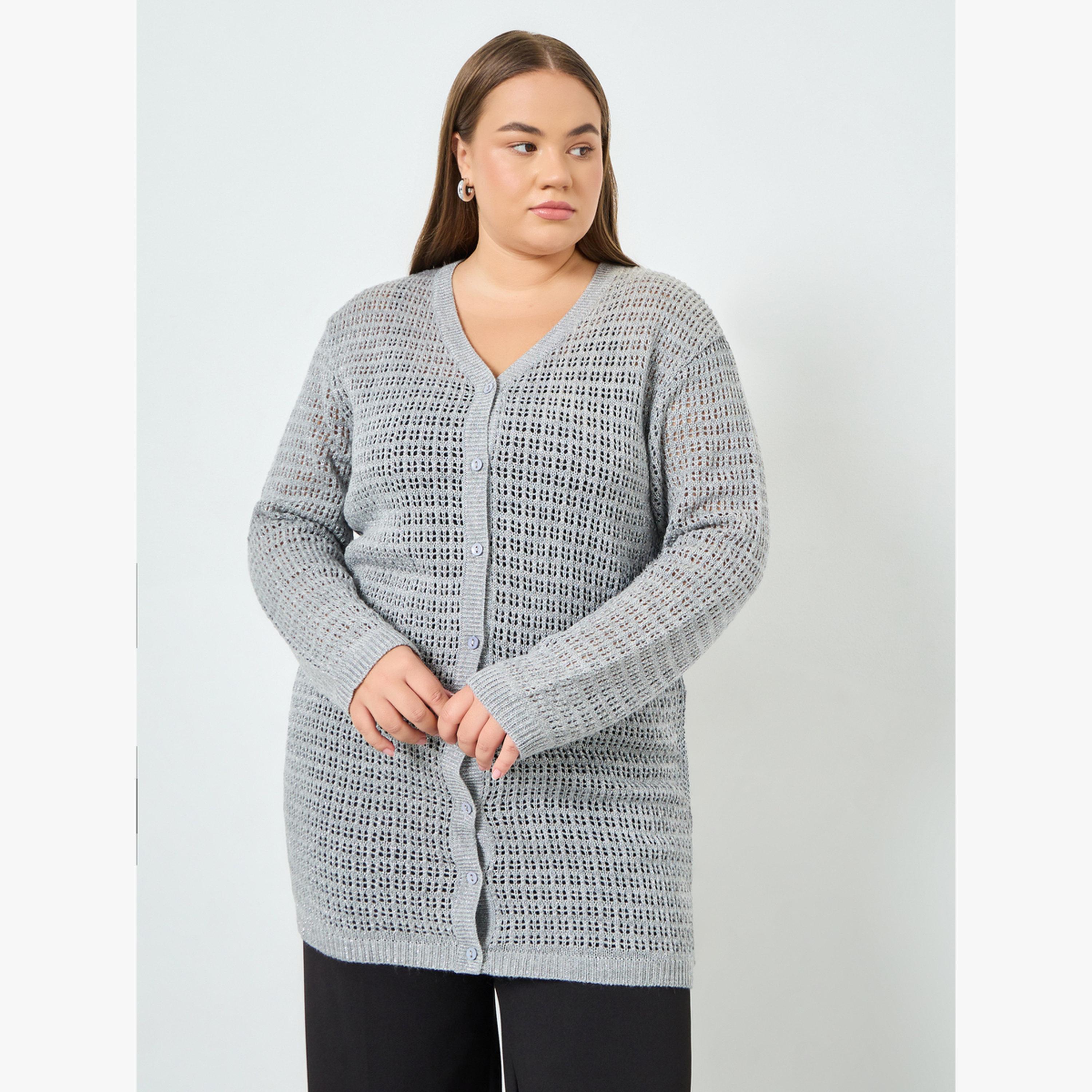 كارديجان محبوك طويل بمقاس كبير وتفاصيل بارزة الملمس-women-winterwear-cardigansandjumpers-cardigans-image-1