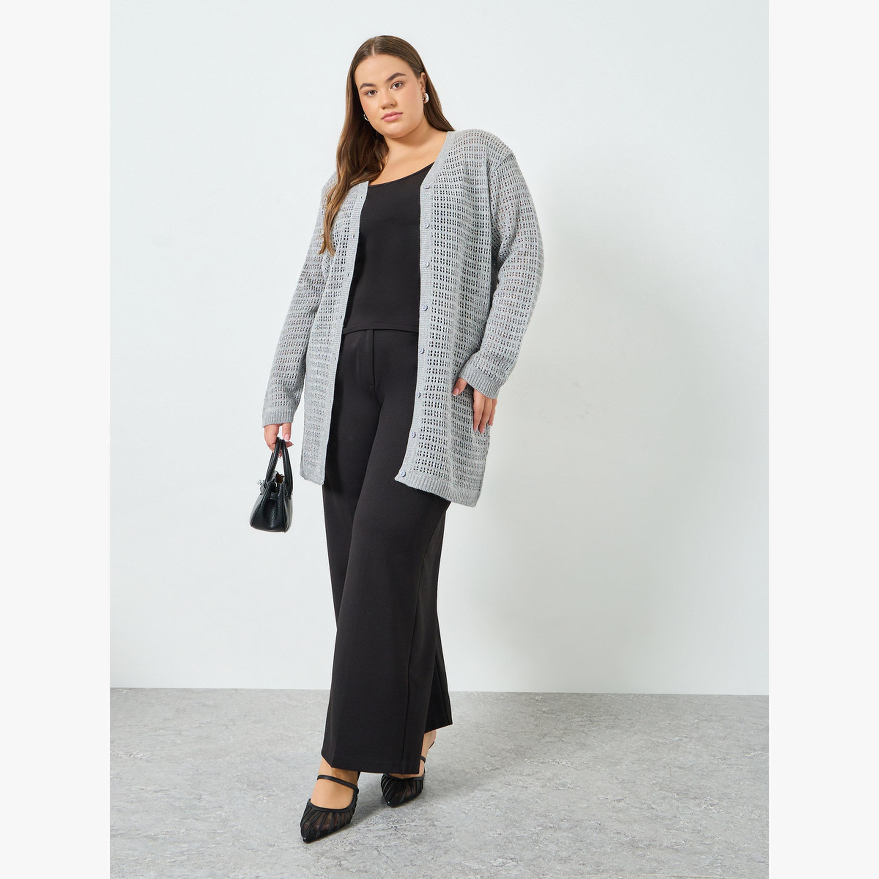 كارديجان محبوك طويل بمقاس كبير وتفاصيل بارزة الملمس-women-winterwear-cardigansandjumpers-cardigans-image-2