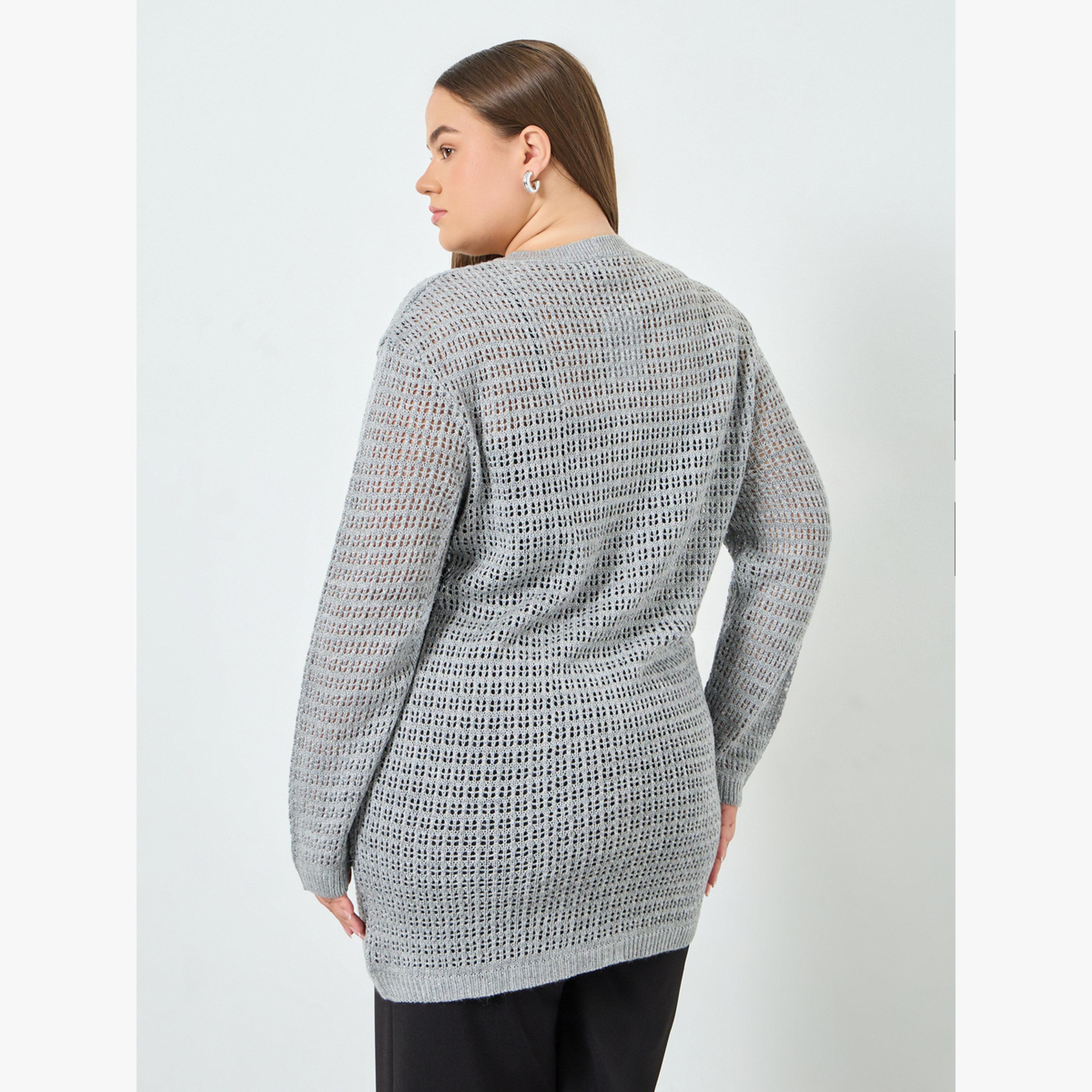 Styli Plus Size Longline Textured Knit Cardigan-women-winterwear-cardigansandjumpers-cardigans-image-4