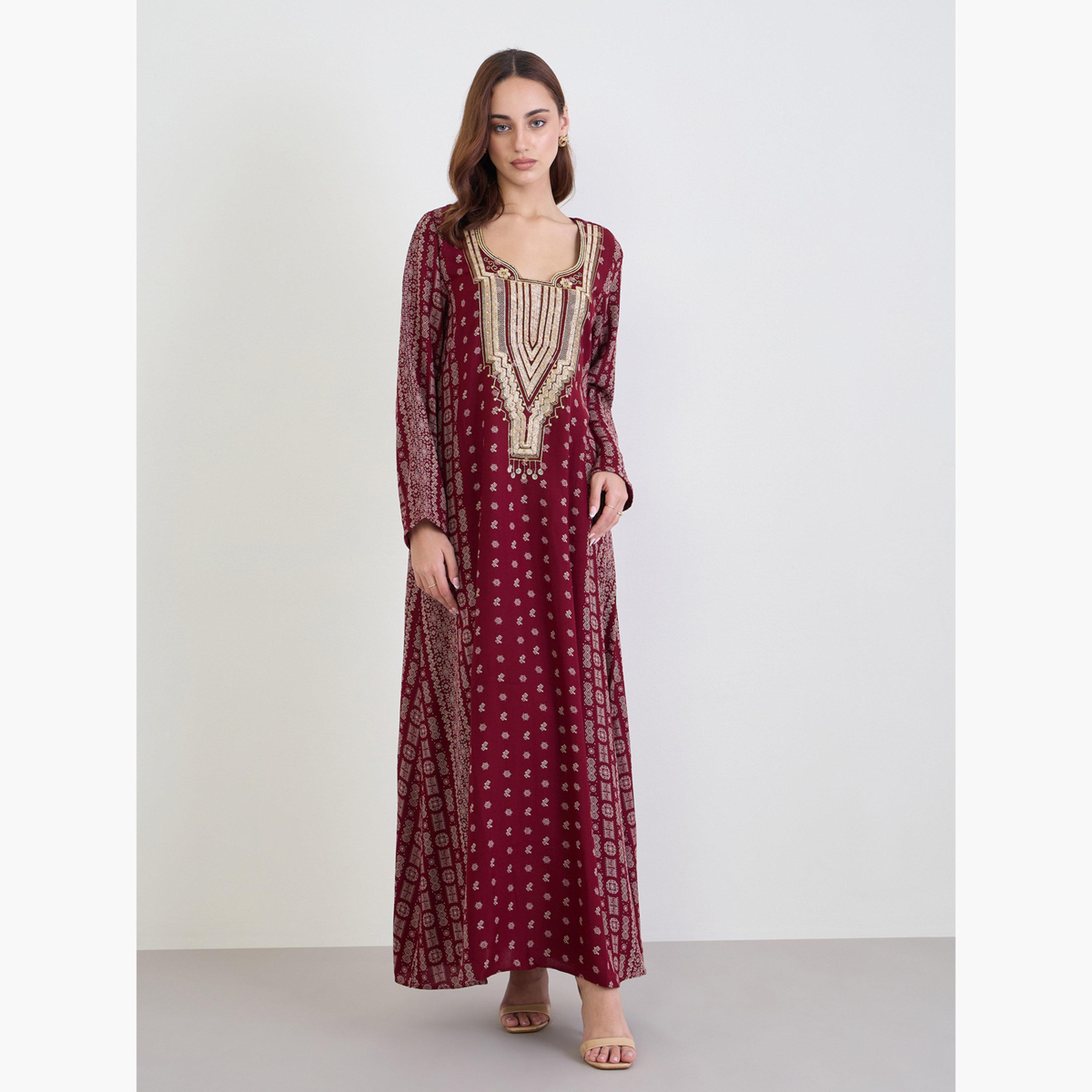 Amirah X Styli Maroon Printed Panel Embroidered Jalabiya-women-arabicclothing-jalabiyas-image-3