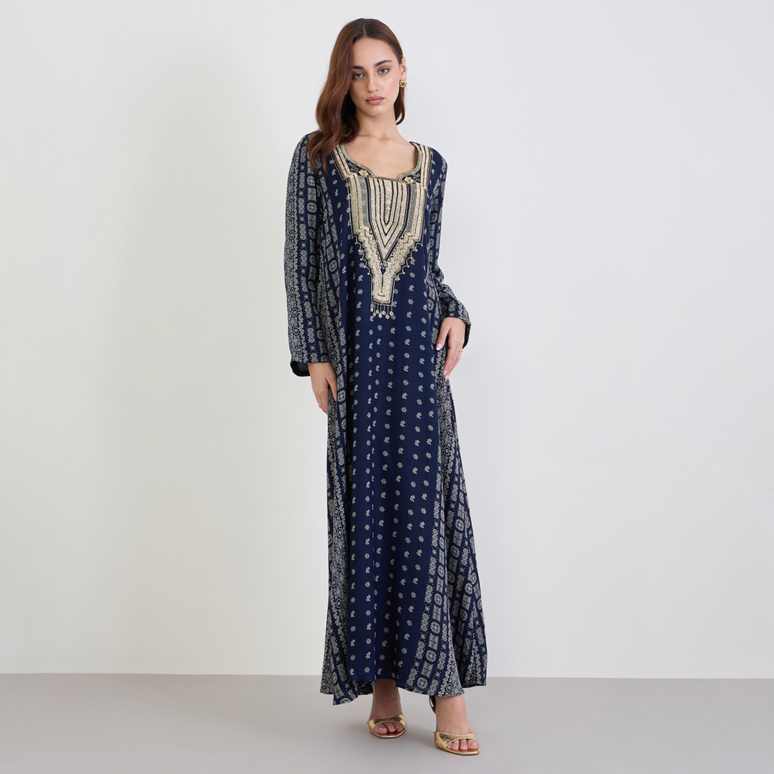Styli Navy Blue Printed Panel Embroidered Jalabiya-women-arabicclothing-jalabiyas-image-1