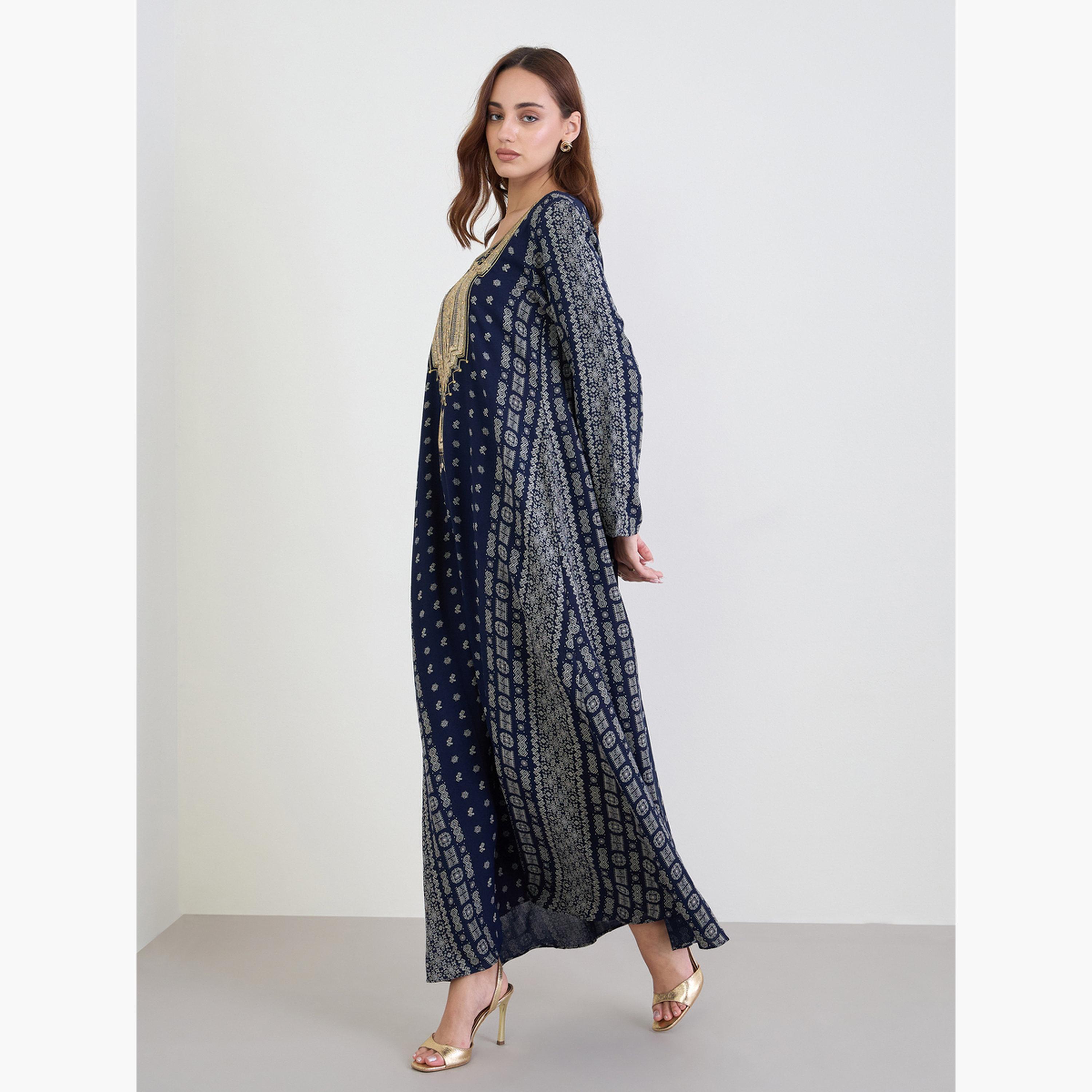 Styli Navy Blue Printed Panel Embroidered Jalabiya-women-arabicclothing-jalabiyas-image-2