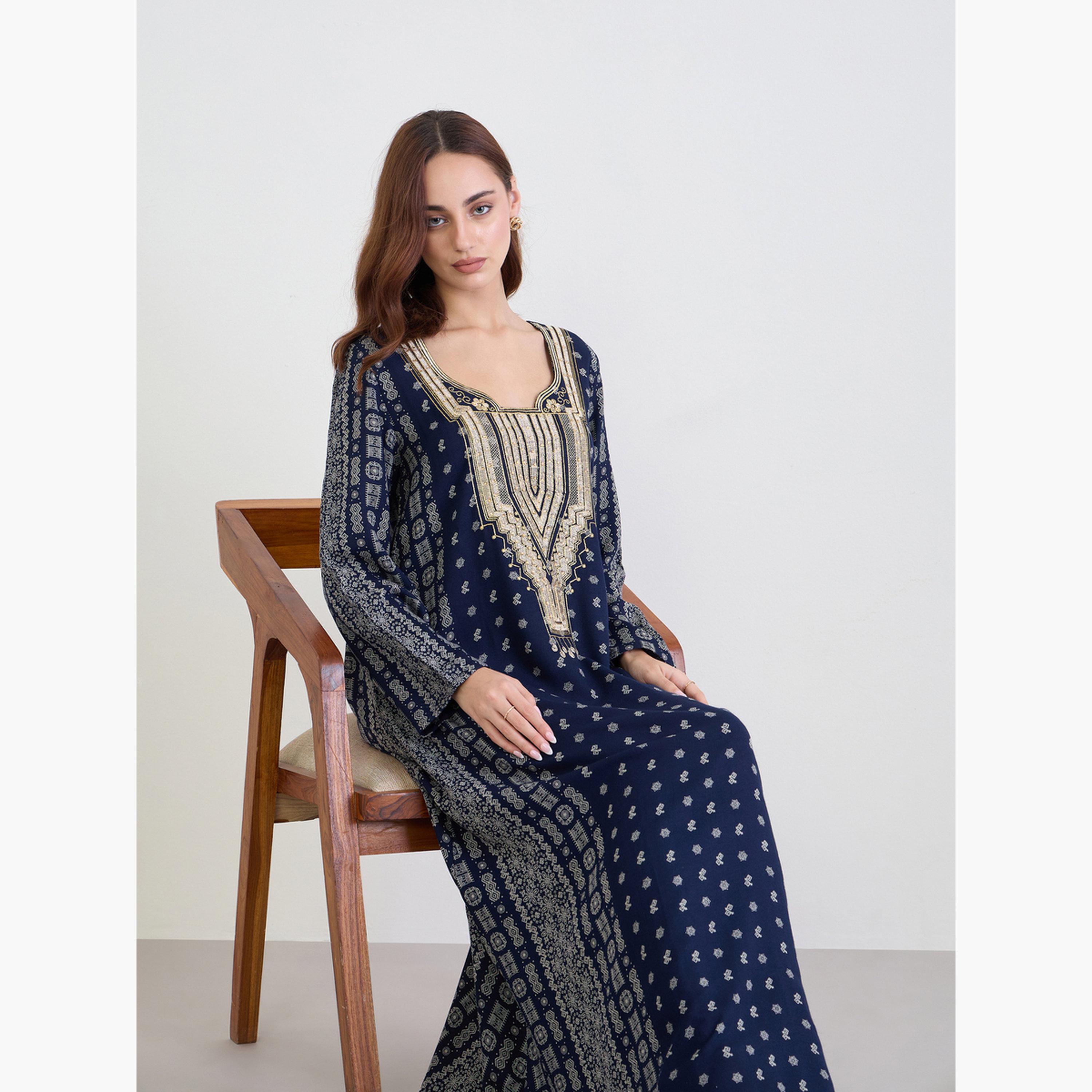 Styli Navy Blue Printed Panel Embroidered Jalabiya-women-arabicclothing-jalabiyas-image-3