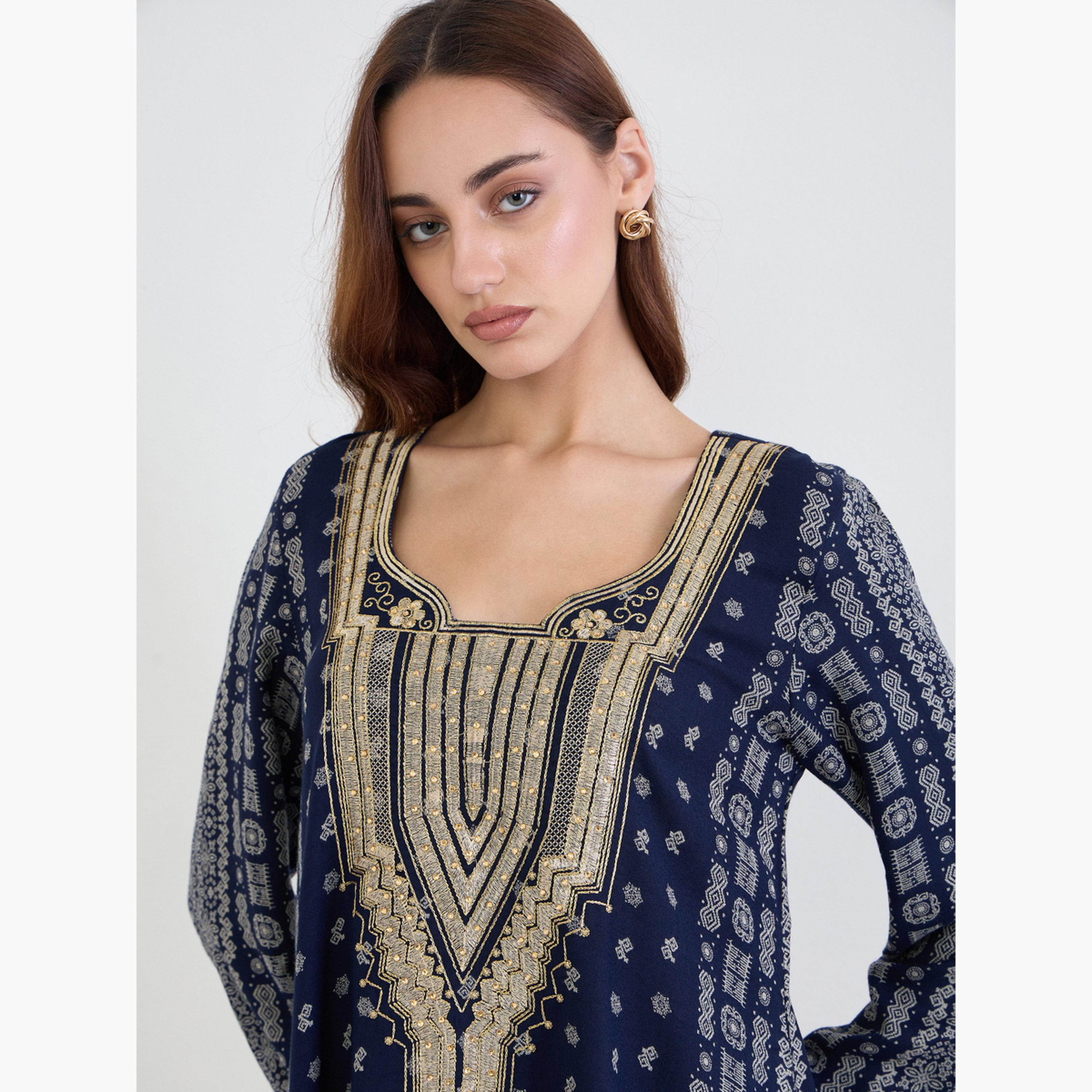 Styli Navy Blue Printed Panel Embroidered Jalabiya-women-arabicclothing-jalabiyas-image-4