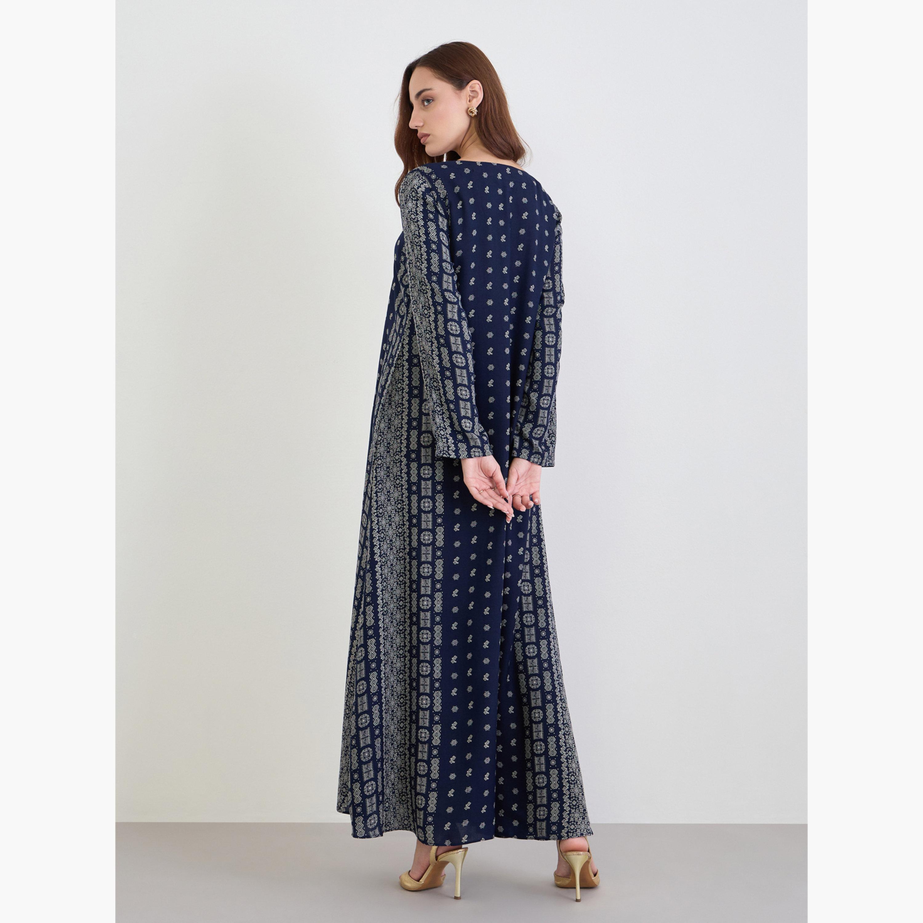 Styli Navy Blue Printed Panel Embroidered Jalabiya-women-arabicclothing-jalabiyas-image-5