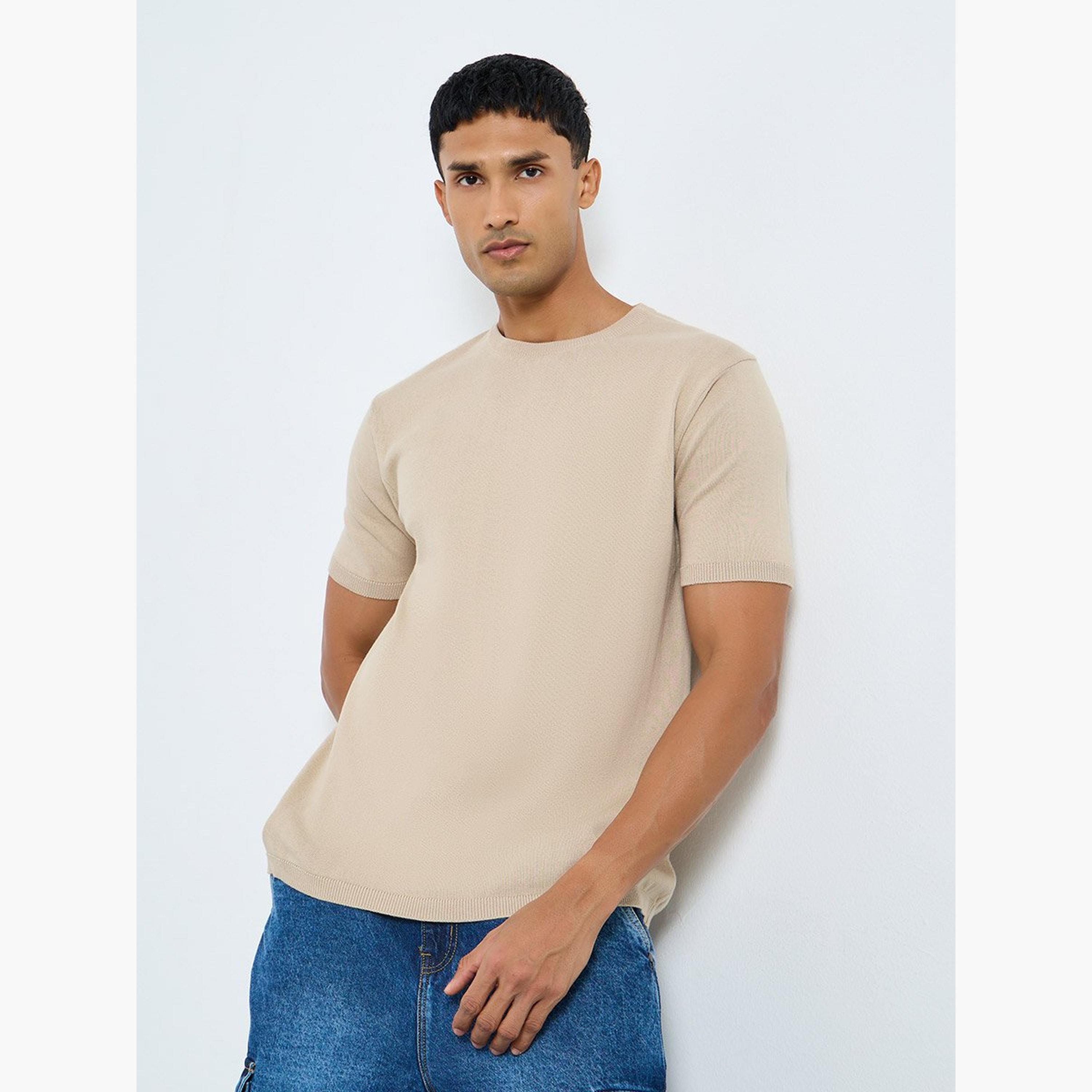 ستايلي - تي شيرت للرجال بيج محبوك مسطح بقصّة مربعة-men-clothing-tshirtsandpolos-tshirts-image-1