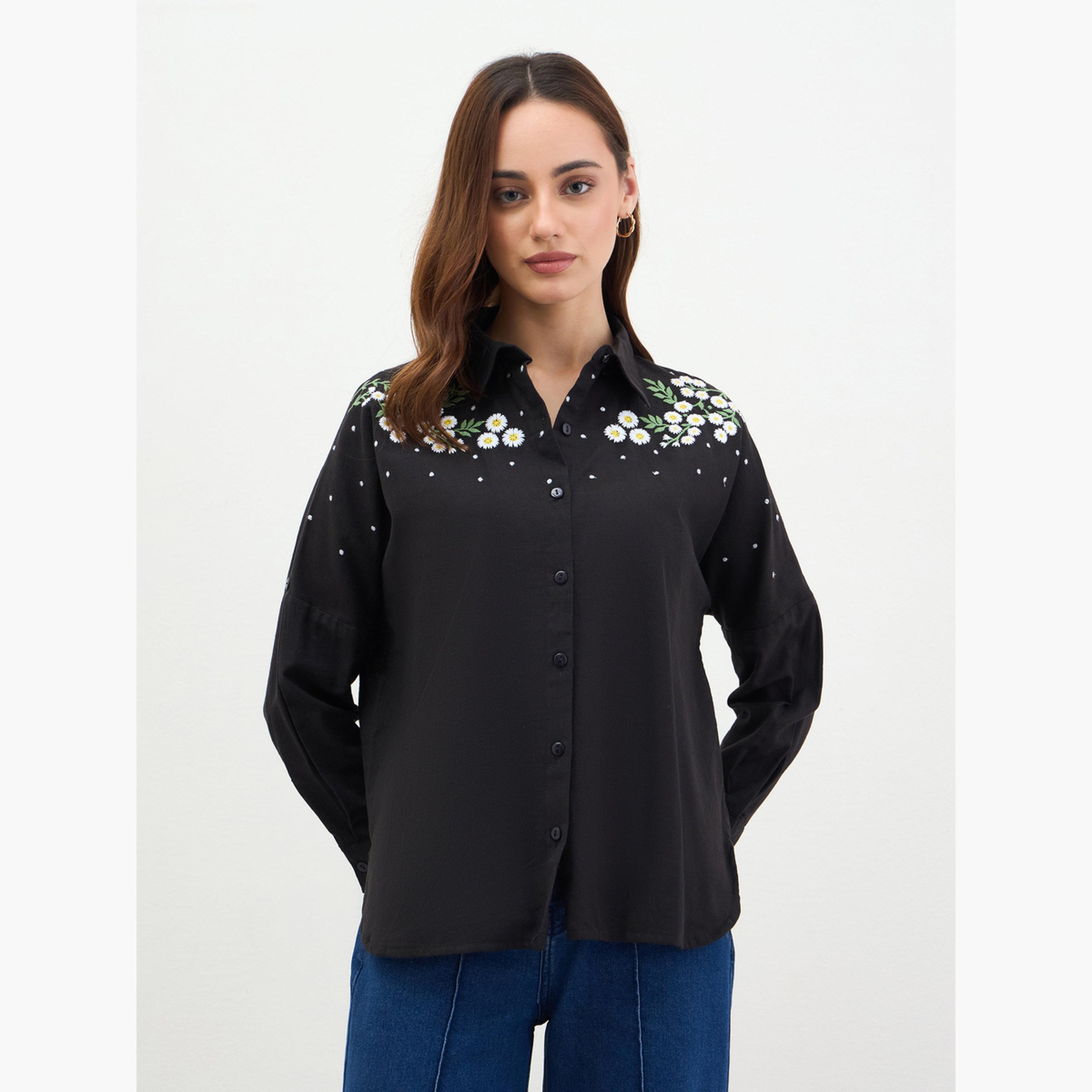 Styli Embroidered Shoulder Black Shirt-women-clothing-shirtsandblouses-shirts-image-1