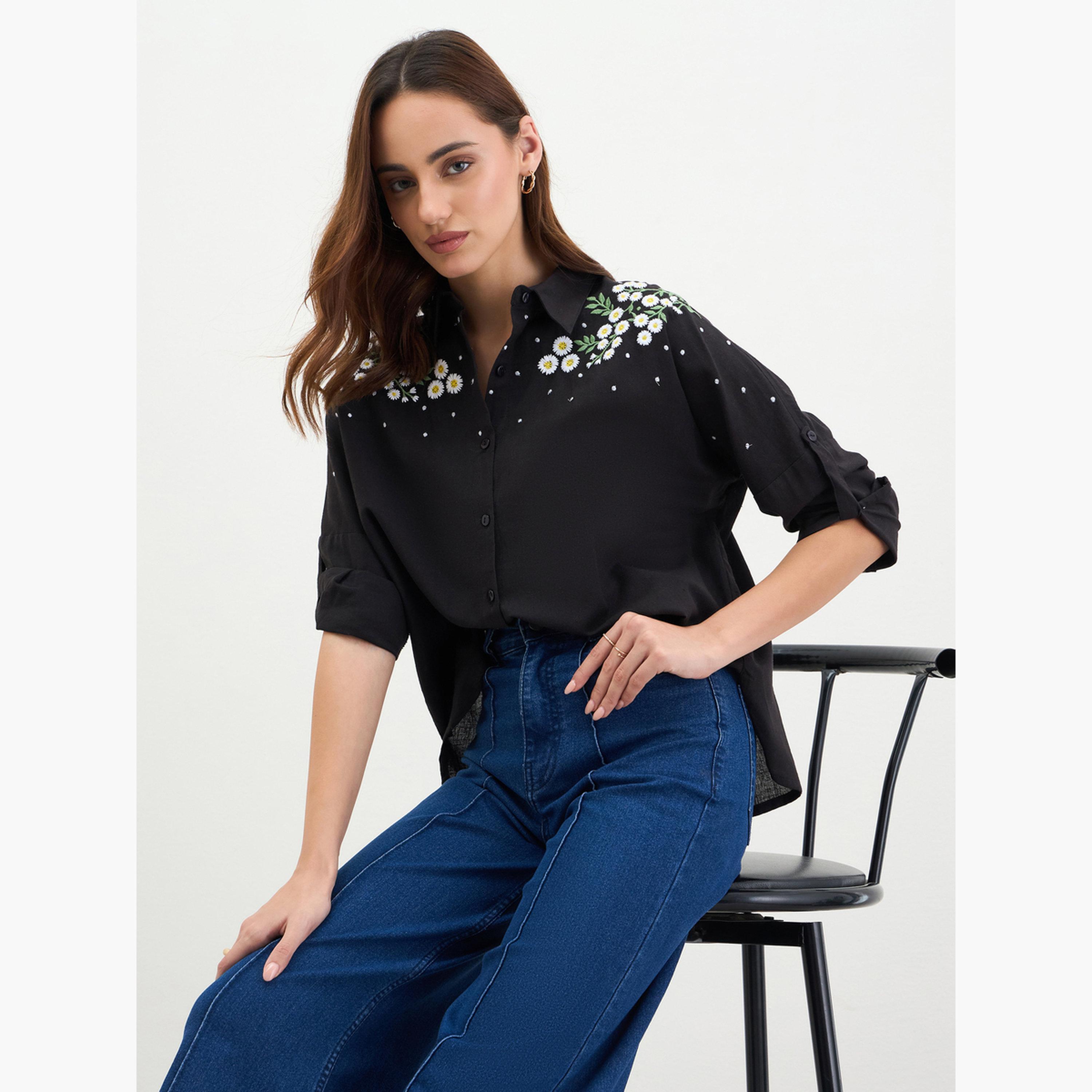 Styli Embroidered Shoulder Black Shirt-women-clothing-shirtsandblouses-shirts-image-5