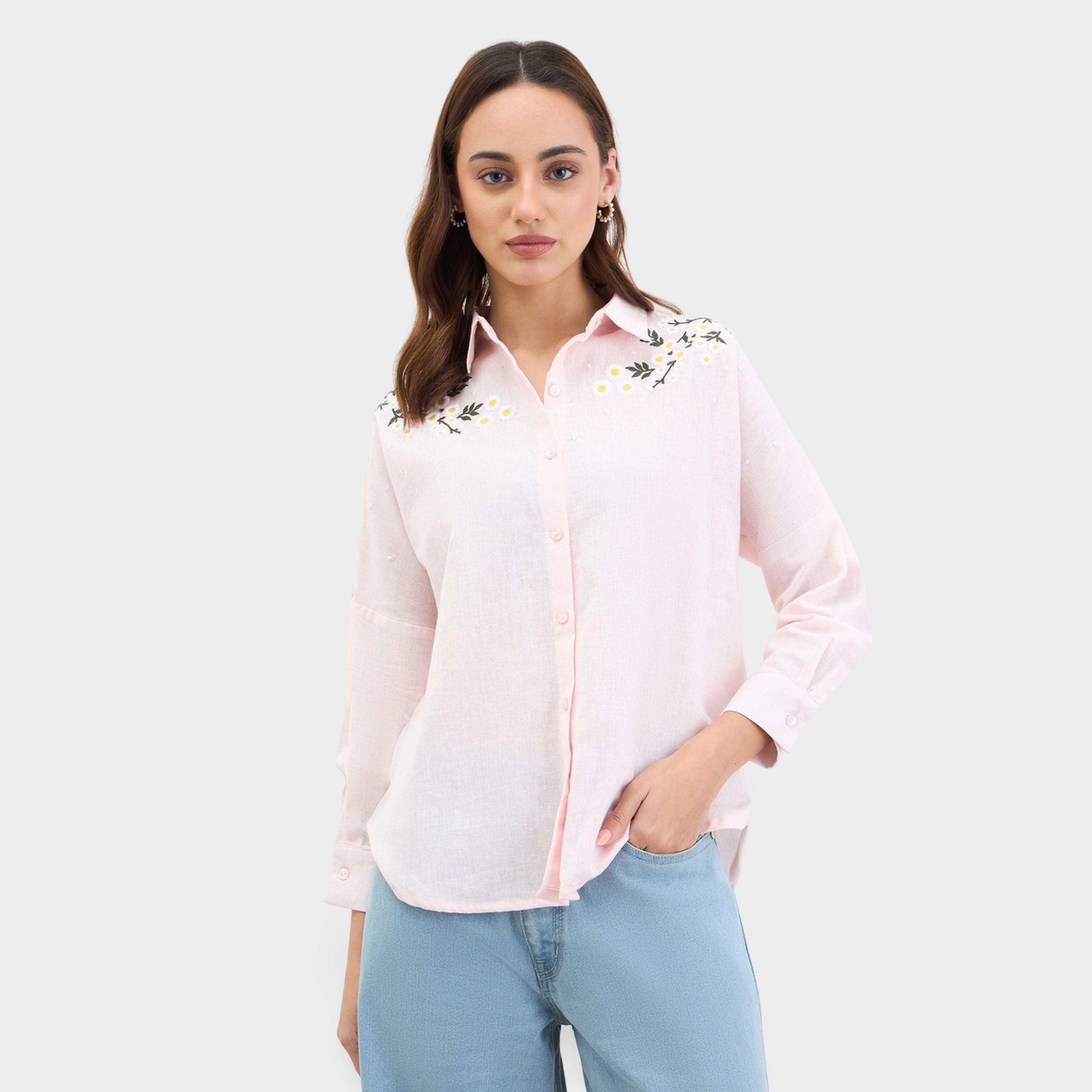 Styli Pink Embroidered Cotton Long Sleeve Shirt-women-clothing-shirtsandblouses-shirts-image-1