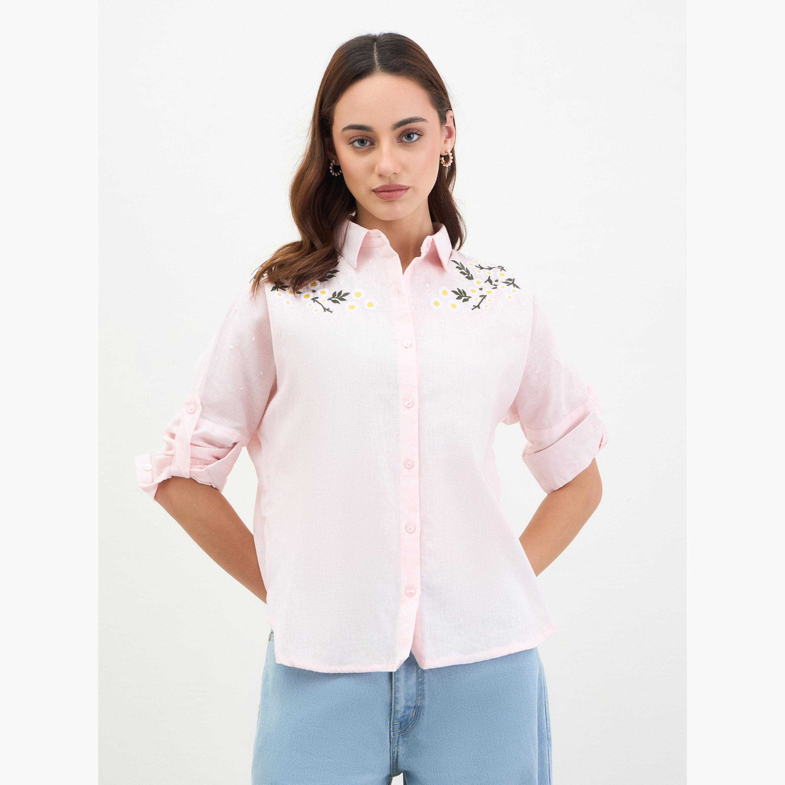 Styli Pink Embroidered Cotton Long Sleeve Shirt-women-clothing-shirtsandblouses-shirts-image-3