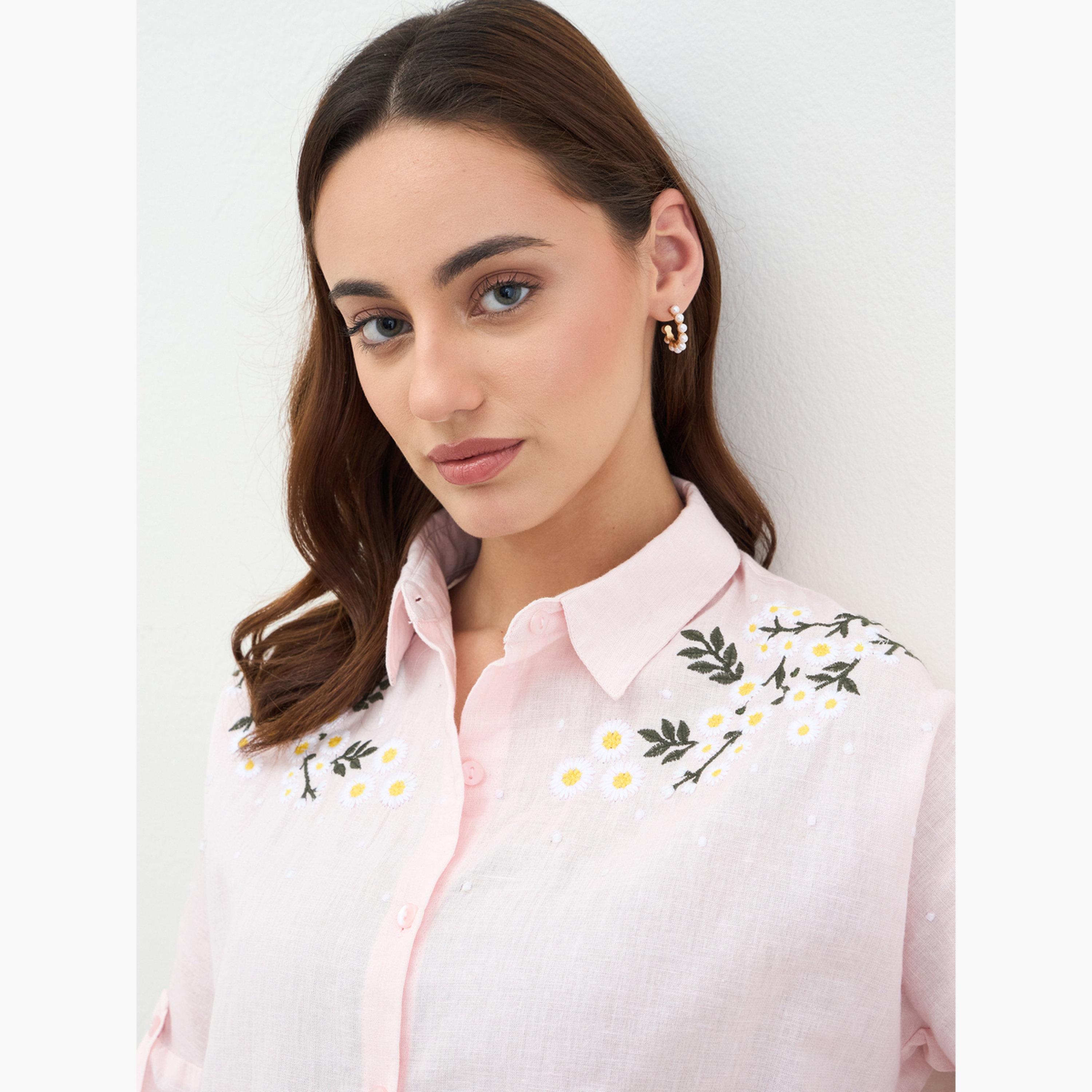 Styli Pink Embroidered Cotton Long Sleeve Shirt-women-clothing-shirtsandblouses-shirts-image-4